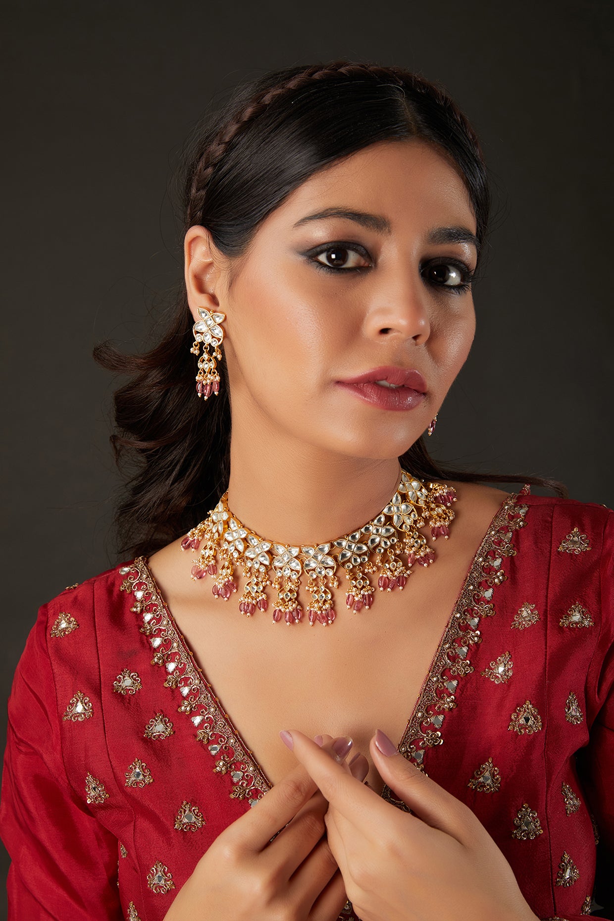 Gold plated Kundan Choker Set in Pink Beads