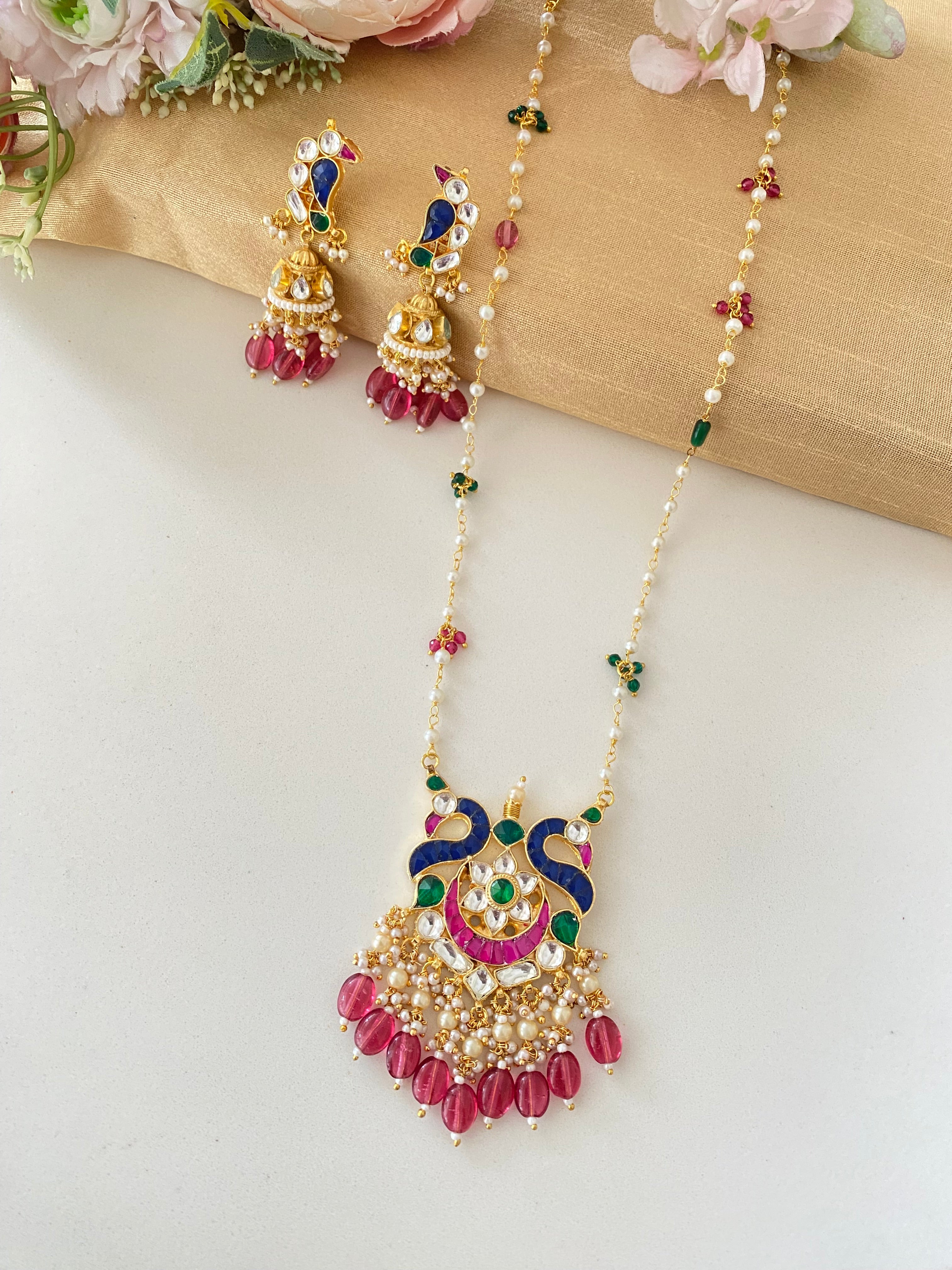 Gold Plated Pink Green Kundan Long set