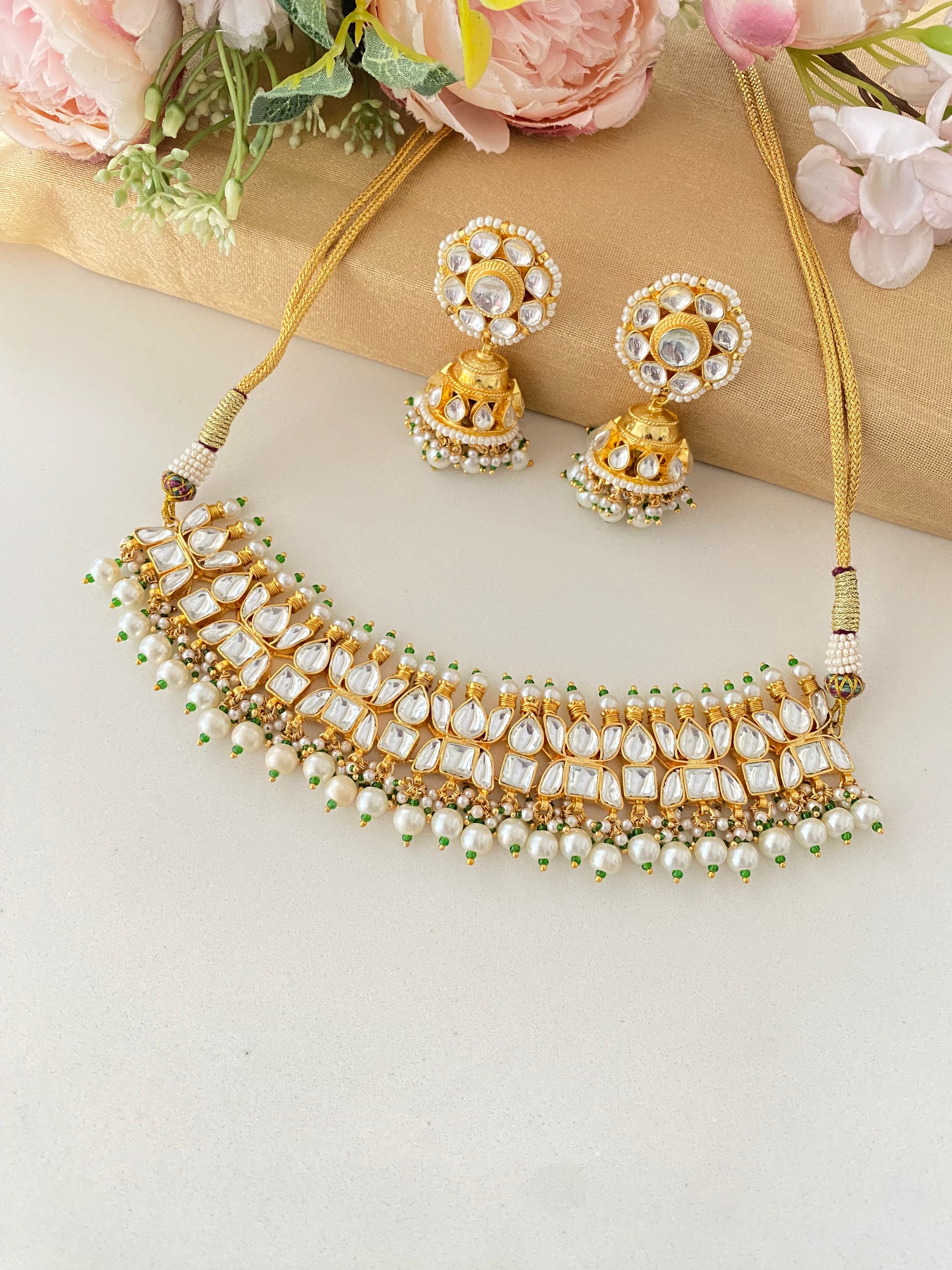 Gold plated Kundan Choker Set with Jhumka