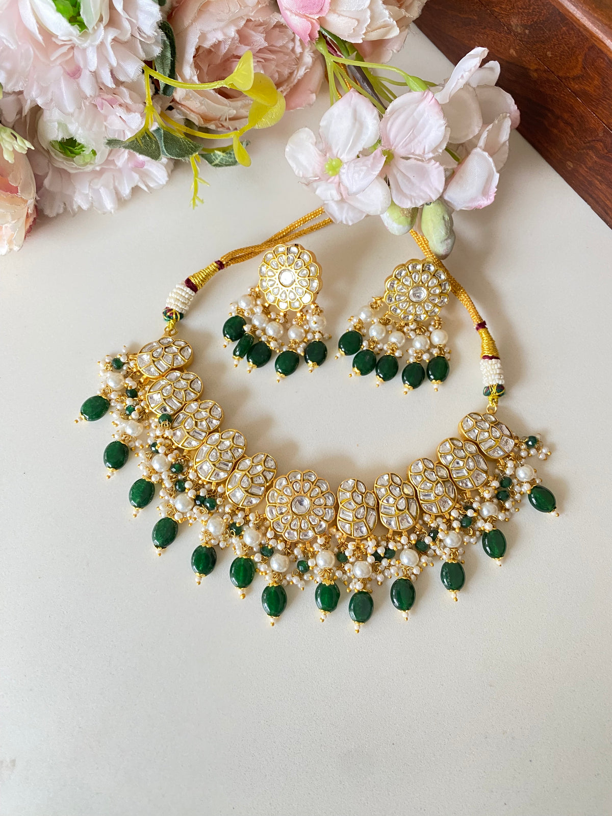 Gold plated Kundan choker Set in green beads