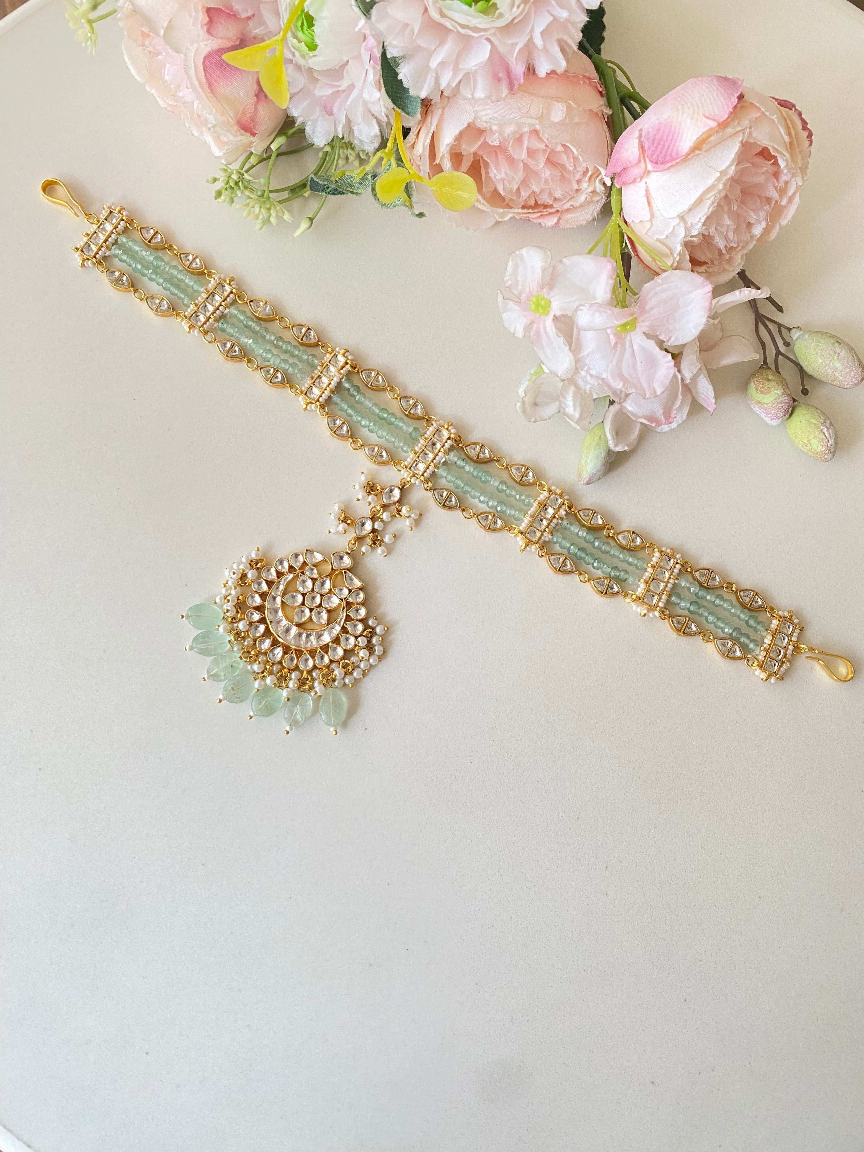 Gold Plated Kundan Mint sheeshpatti with tikka