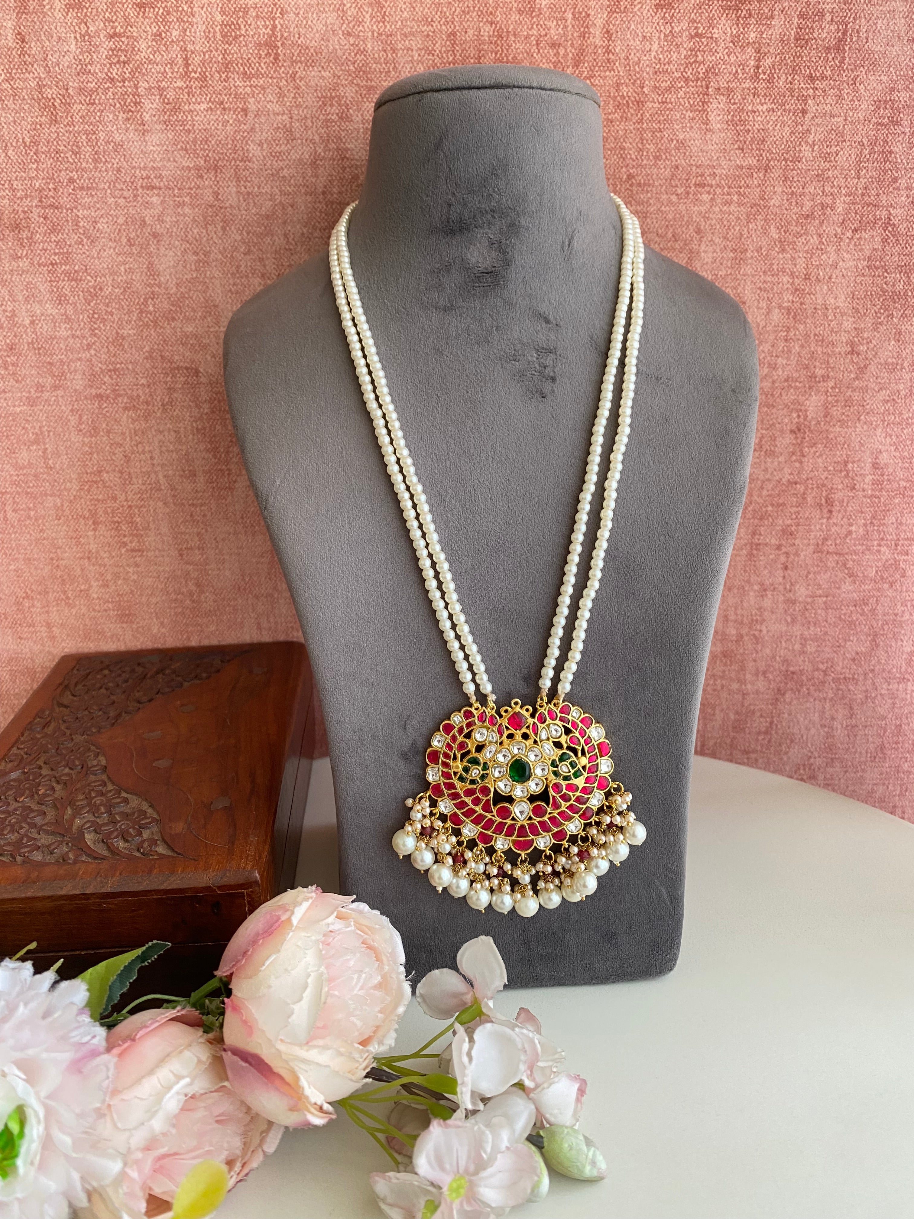 Gold Plated Pink Green Kundan Long set