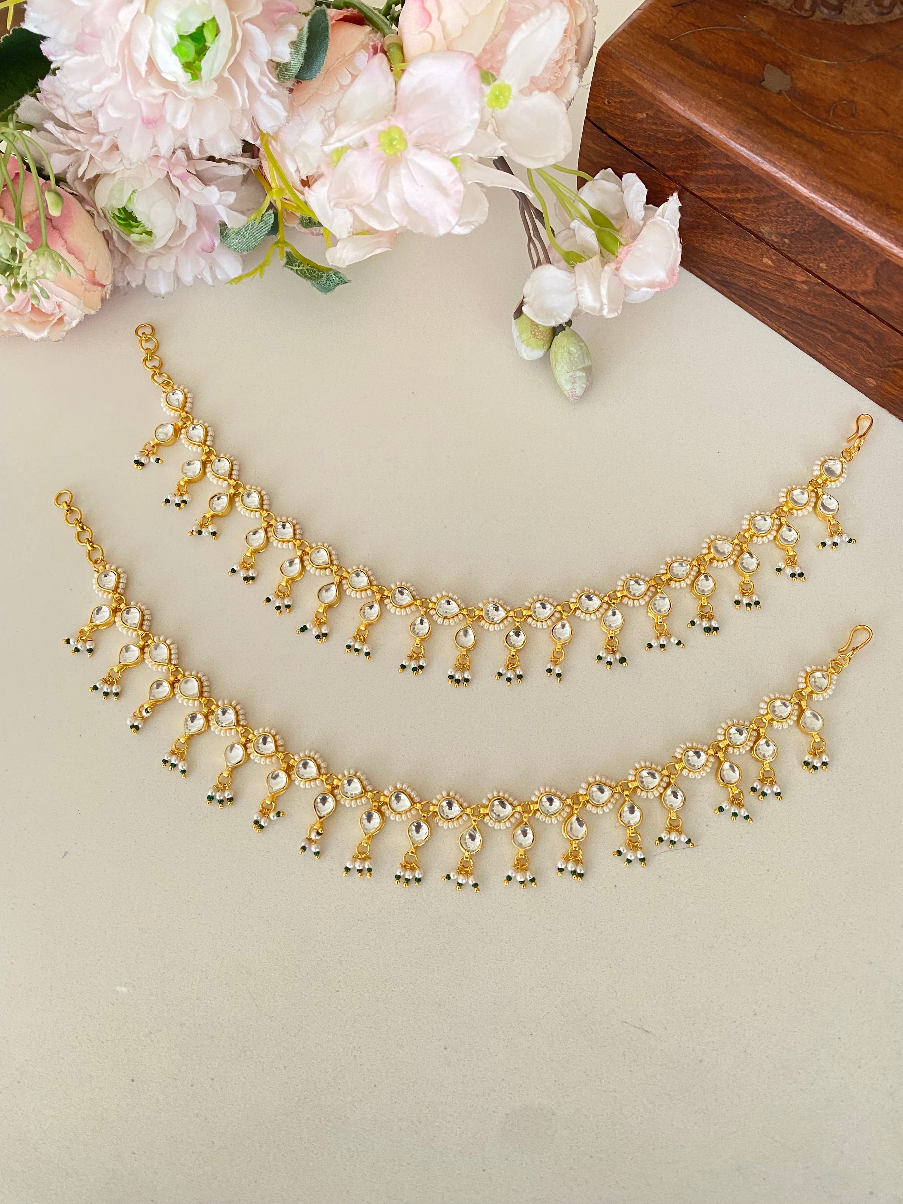 Gold plated Kundan Payal in green drops