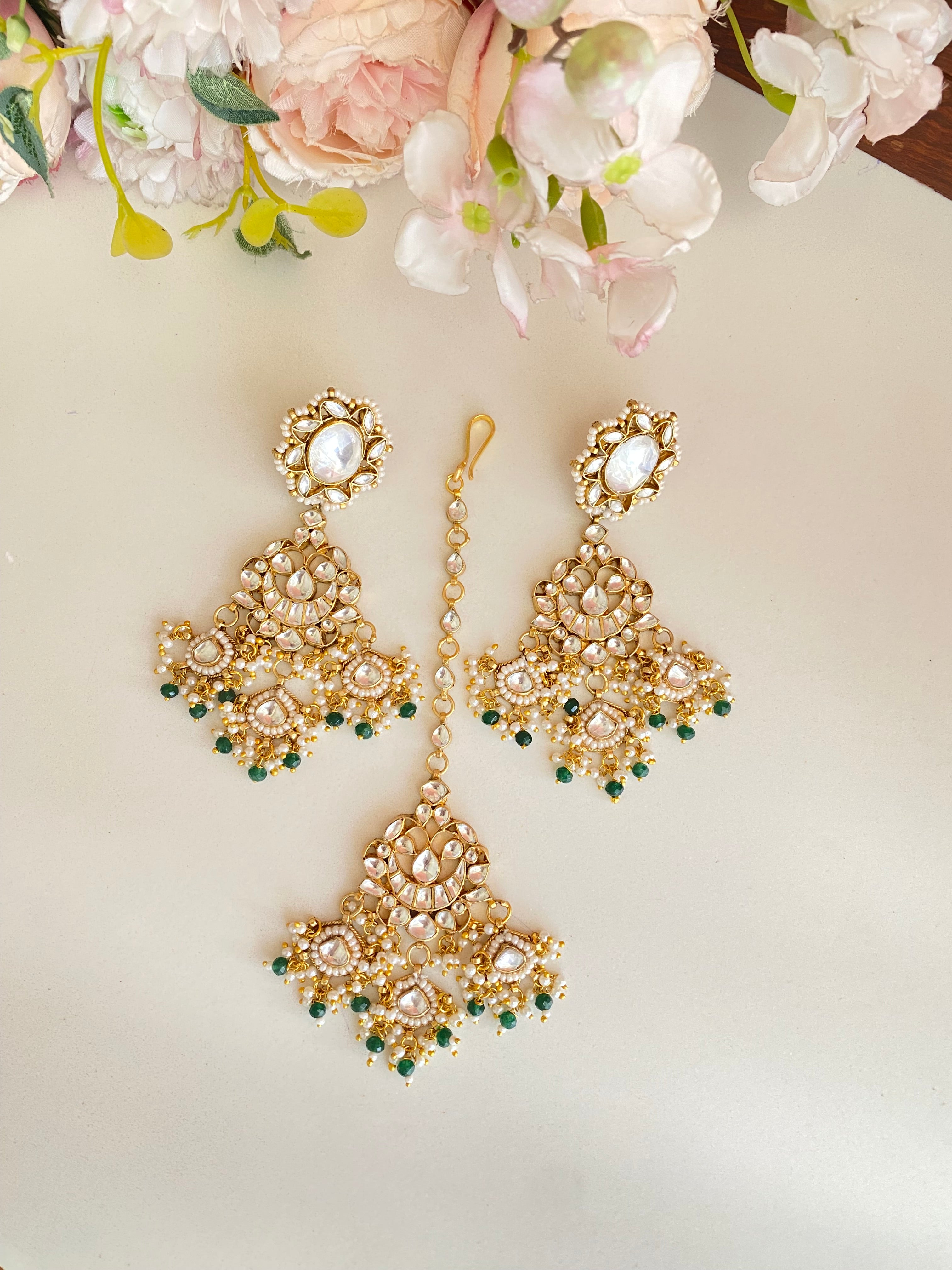 Gold Plated Kundan earrings With Tikka set