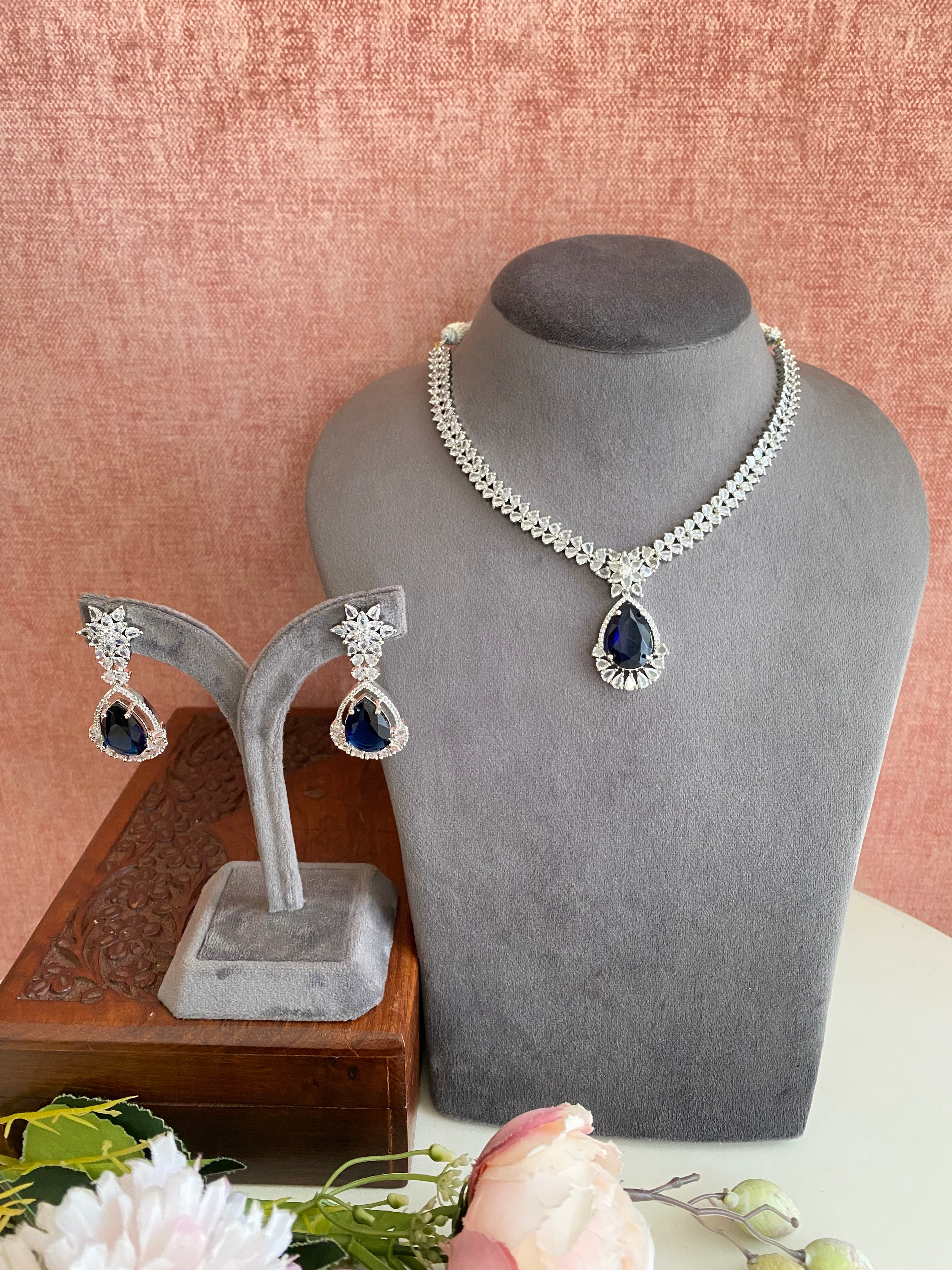 Silver Plated Diamond Long Necklace set