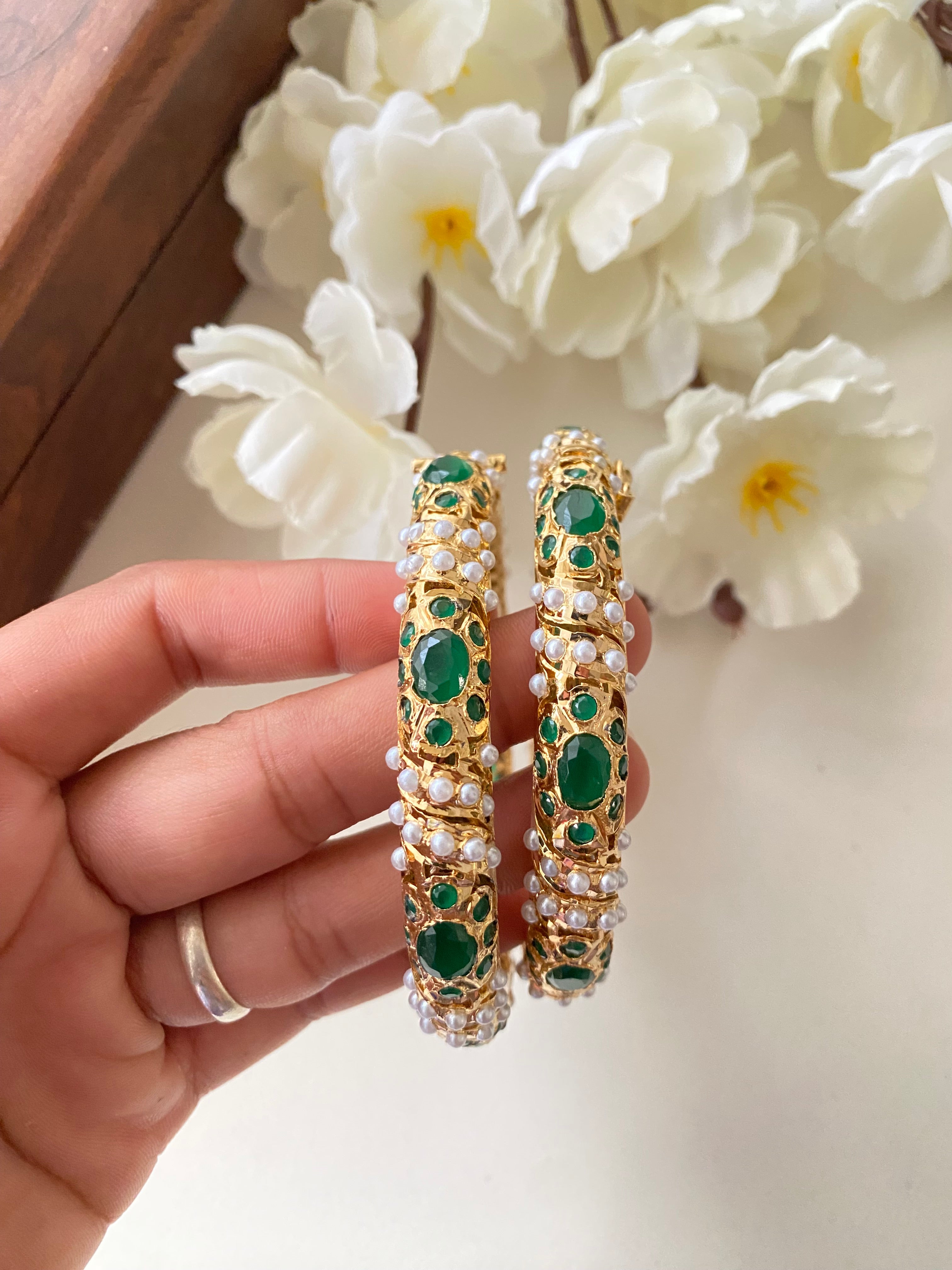 Amritsari Jadau Gold Plated Green Bangles