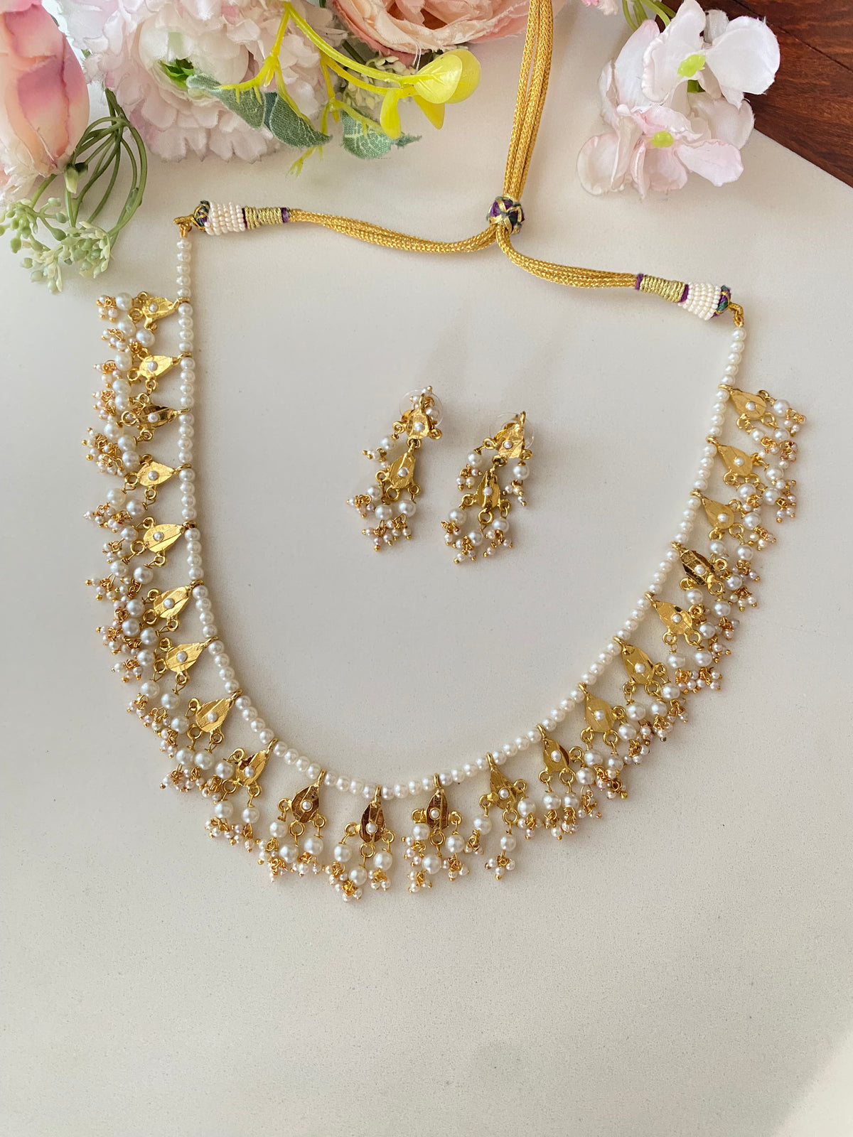 Amritsari Jadau Gold Plated Necklace set in Pearl