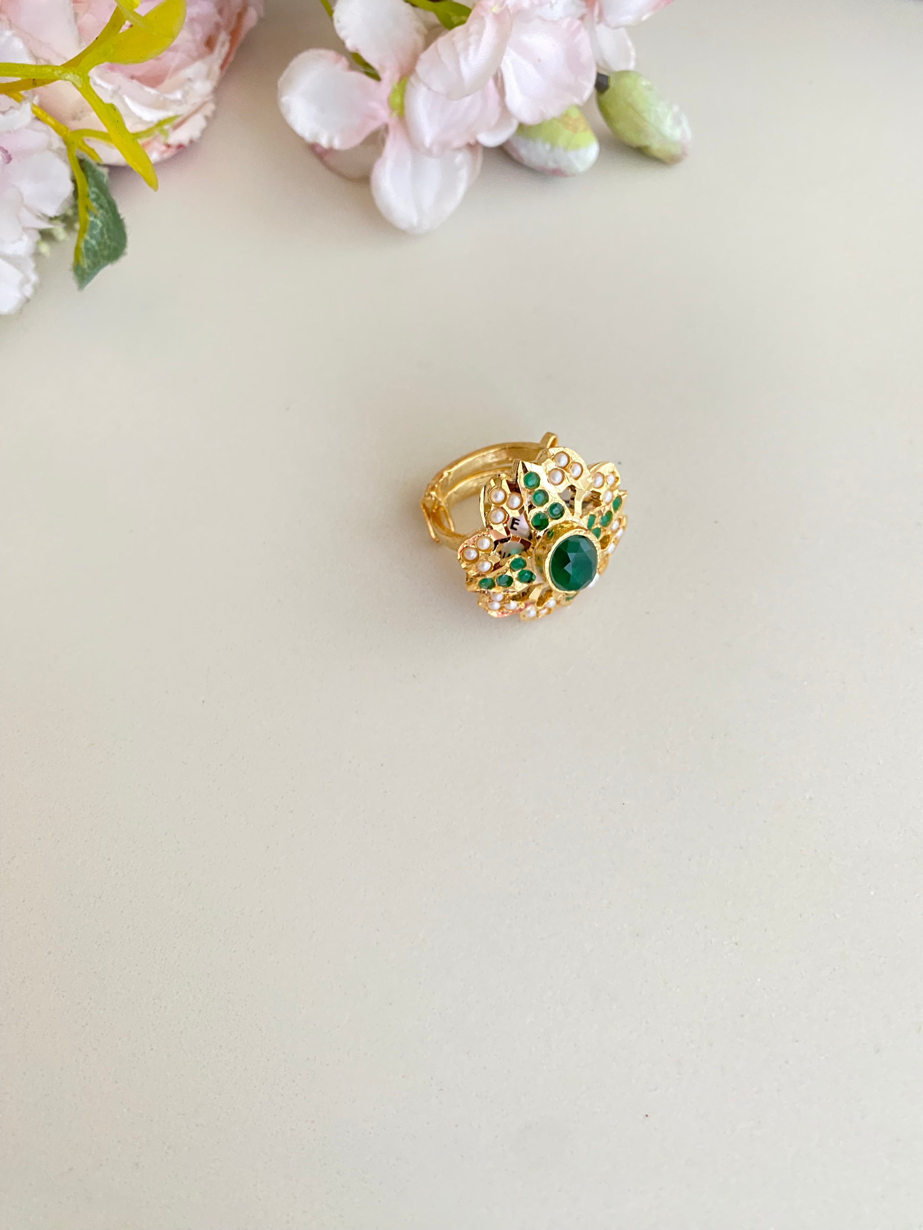Amritsari Jadau green stone Ring