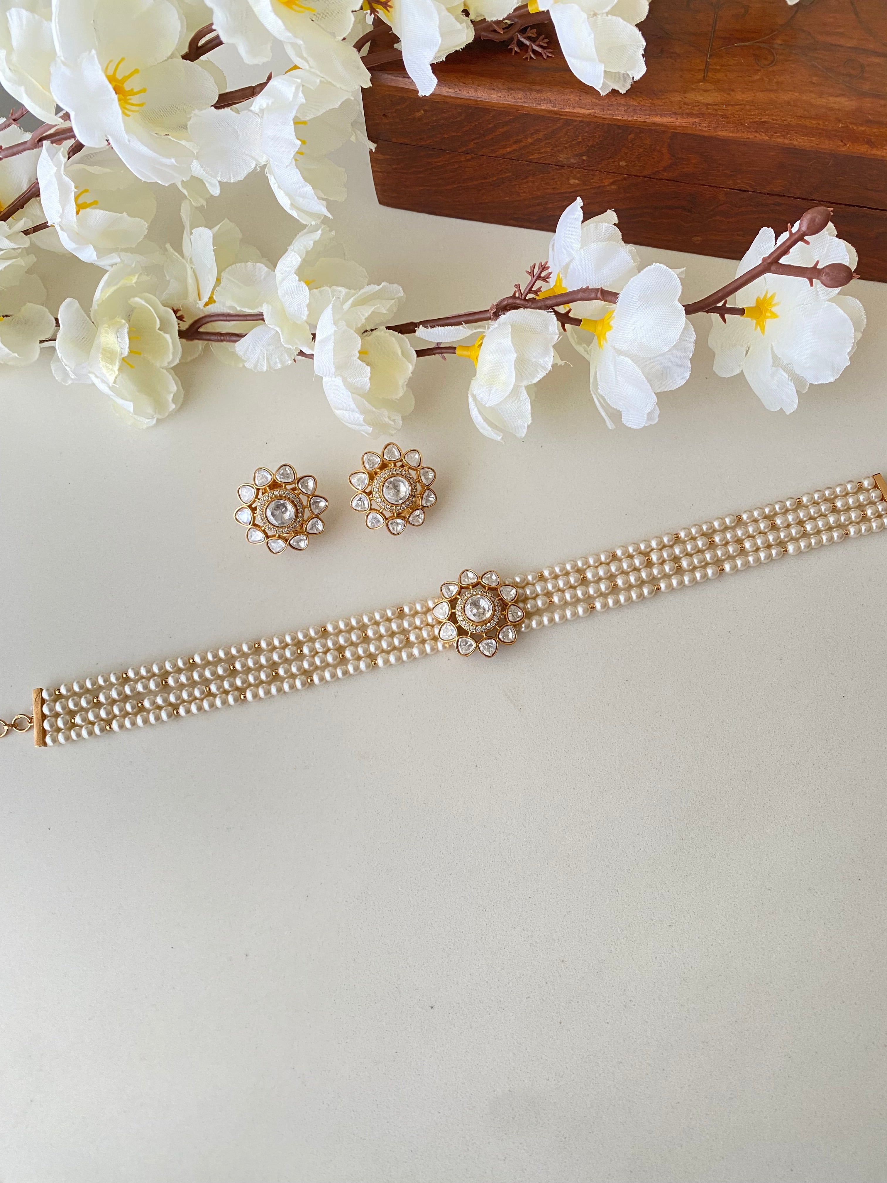 Gold plated Moissanite Pearl Choker Set