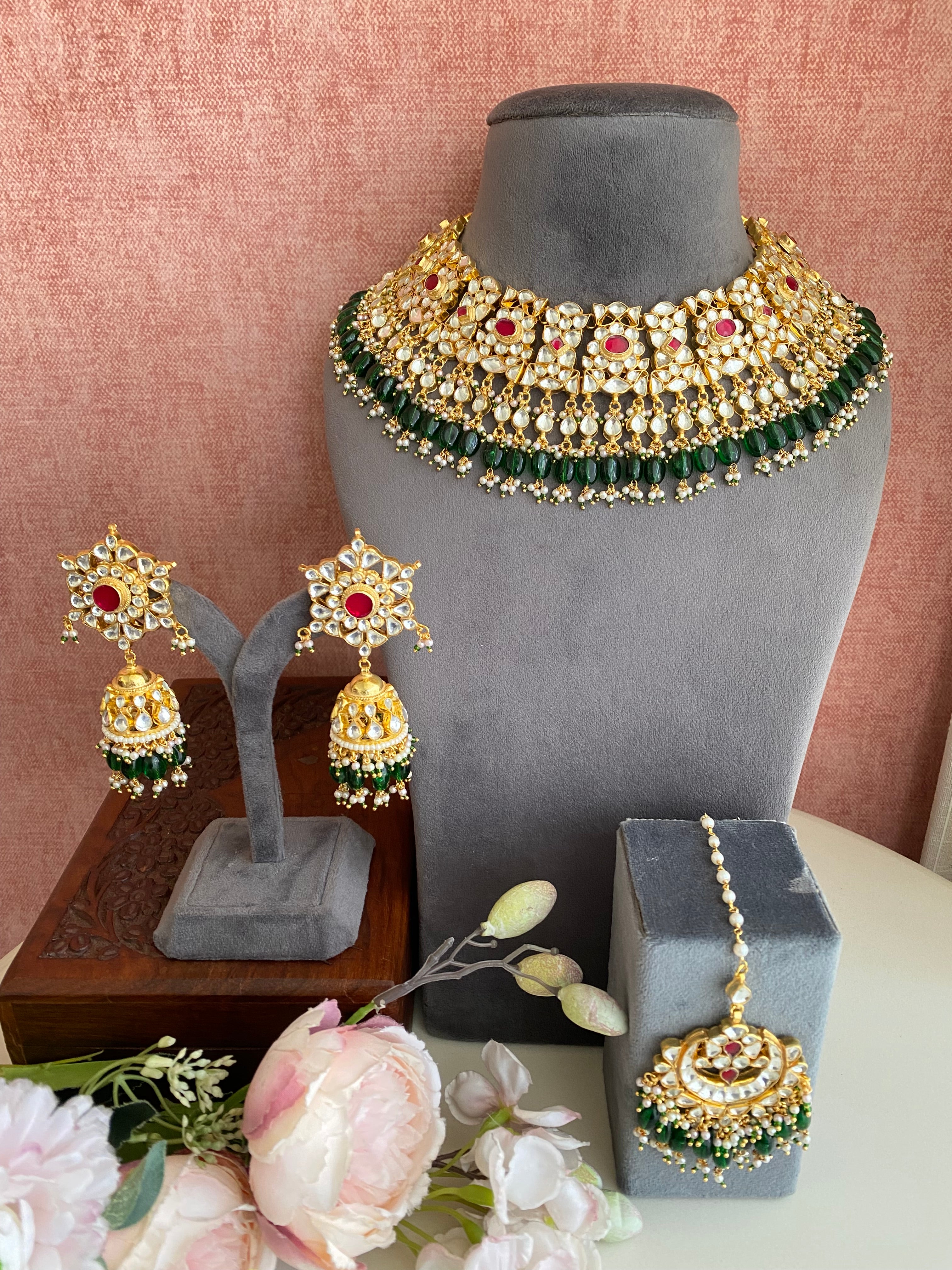 Kundan Gold plated Bridal Necklace set in Green Drops
