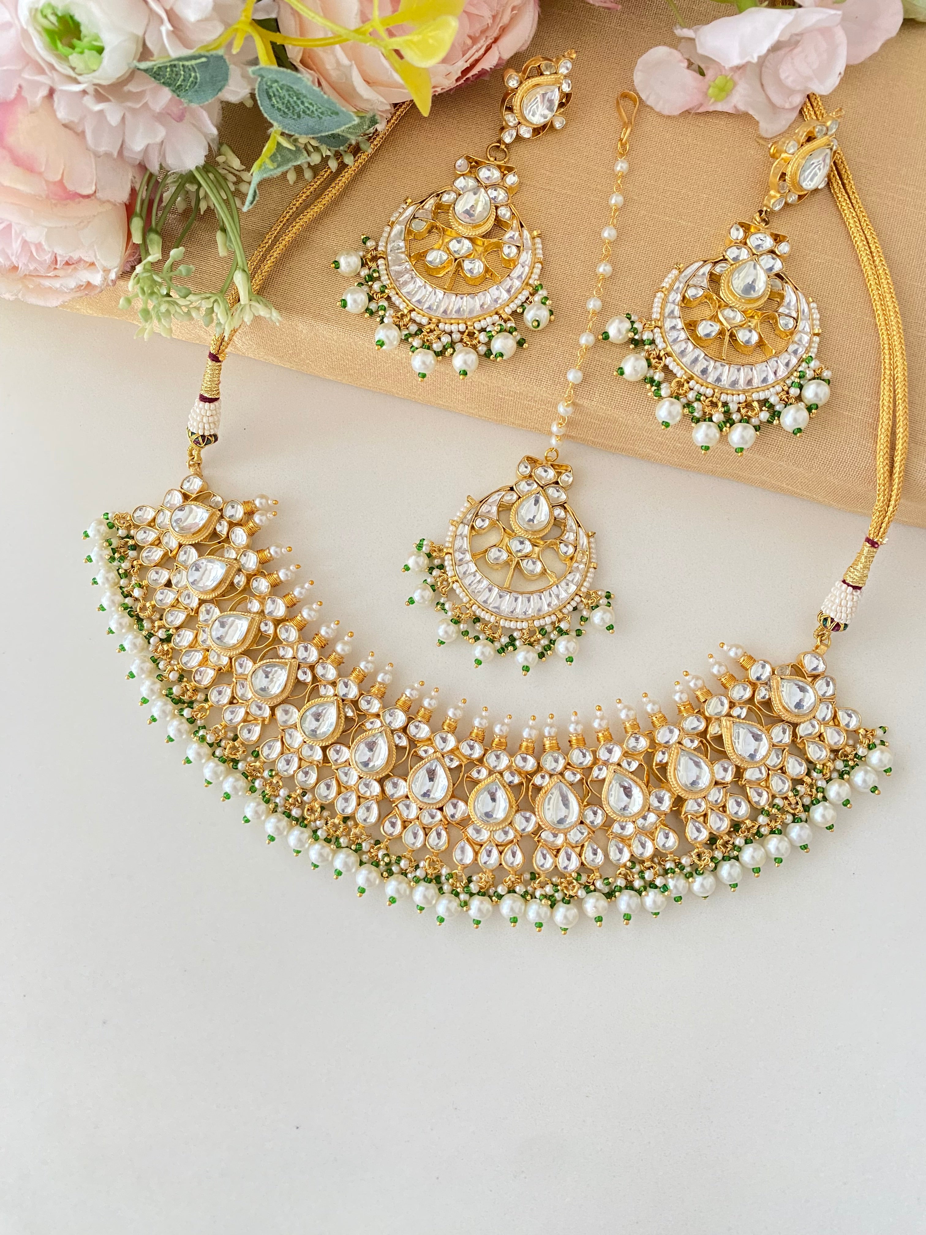 Kundan Gold plated Necklace Set in pearl drops
