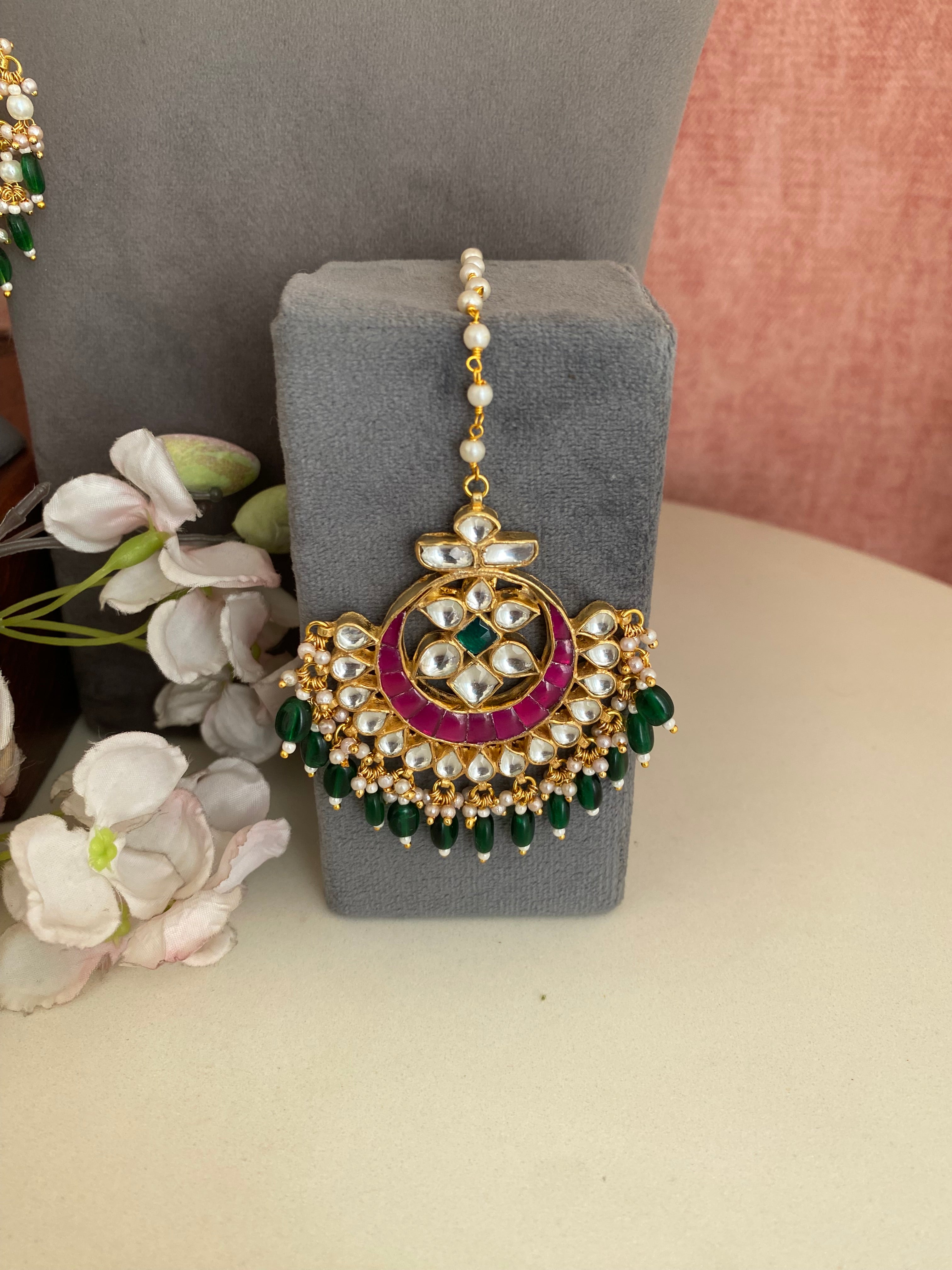 Kundan Bridal Necklace Set in Green drops