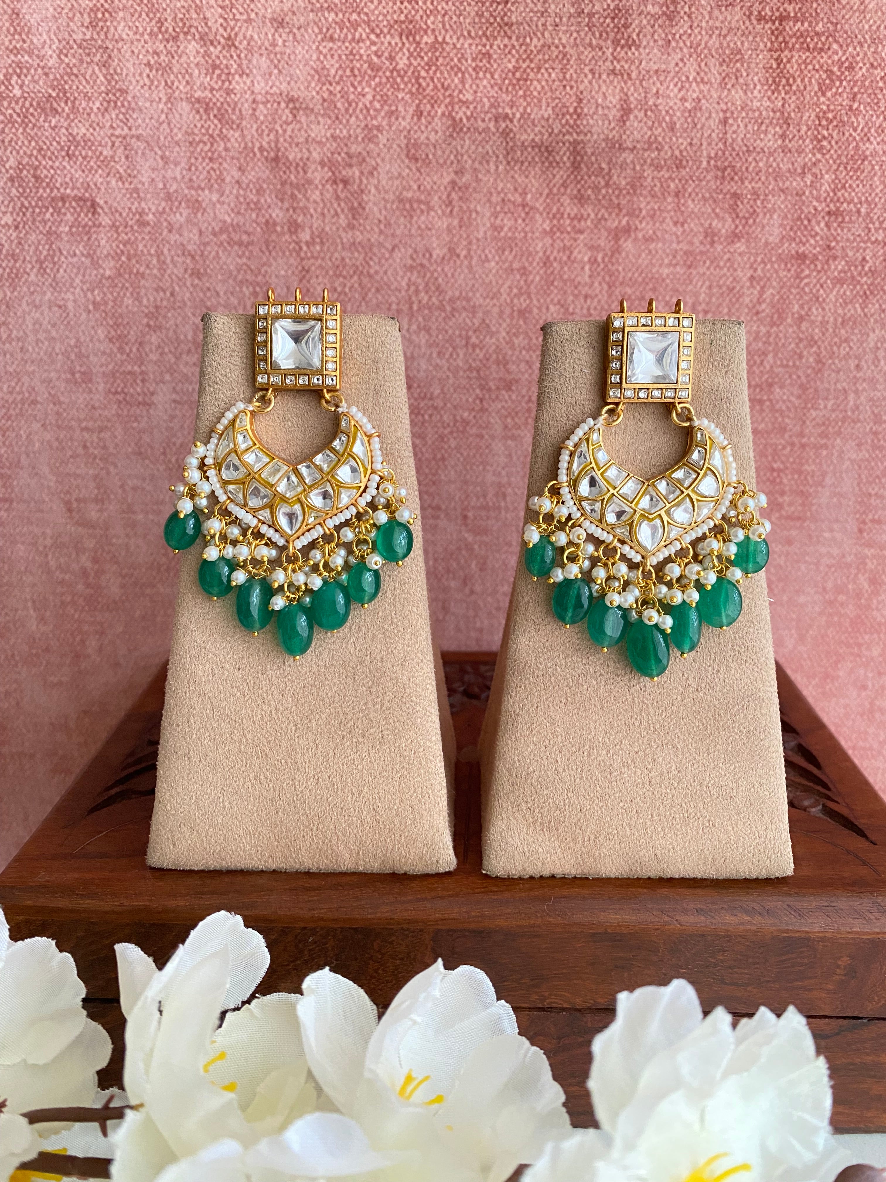 Gold Plated Kundan Earrings in green drops