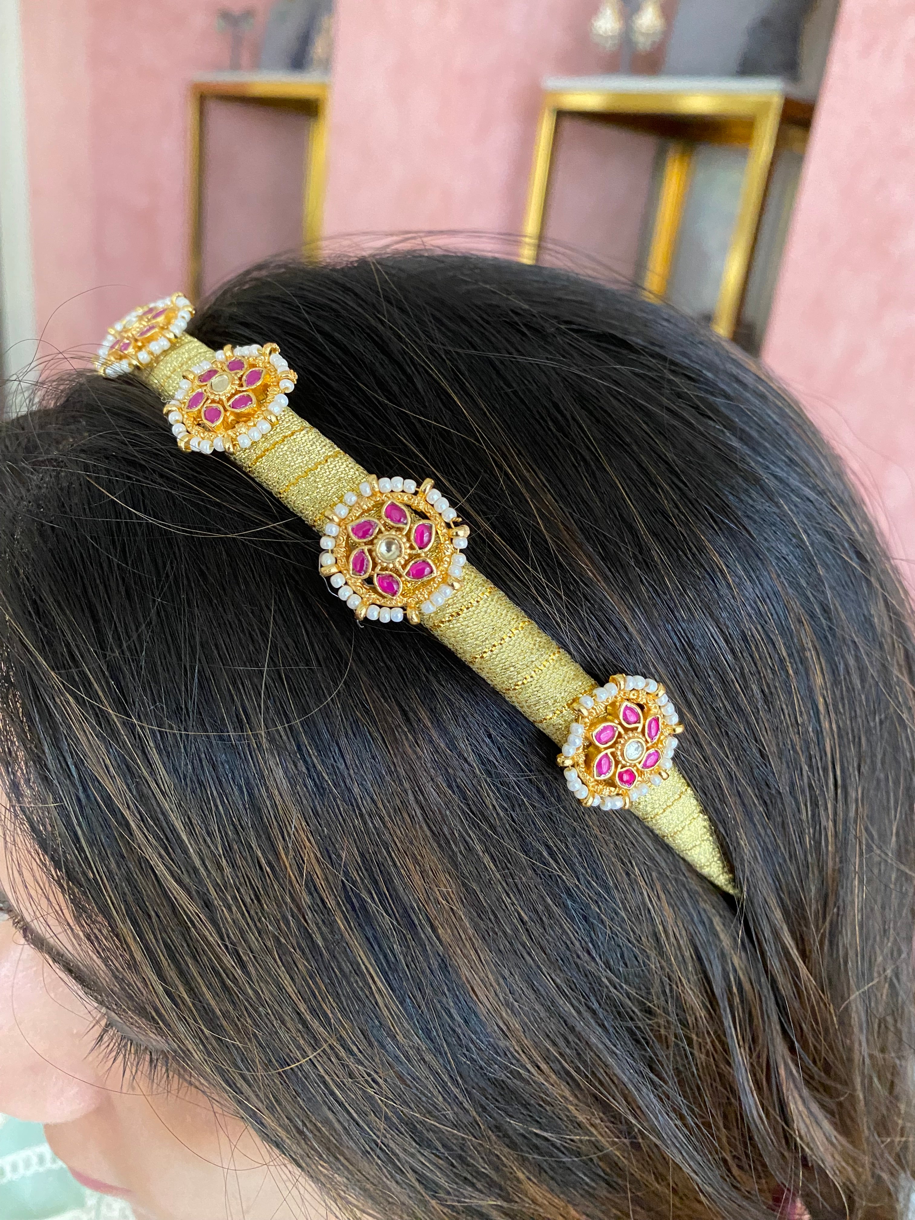 Gold Plated pink Kundan Hairband