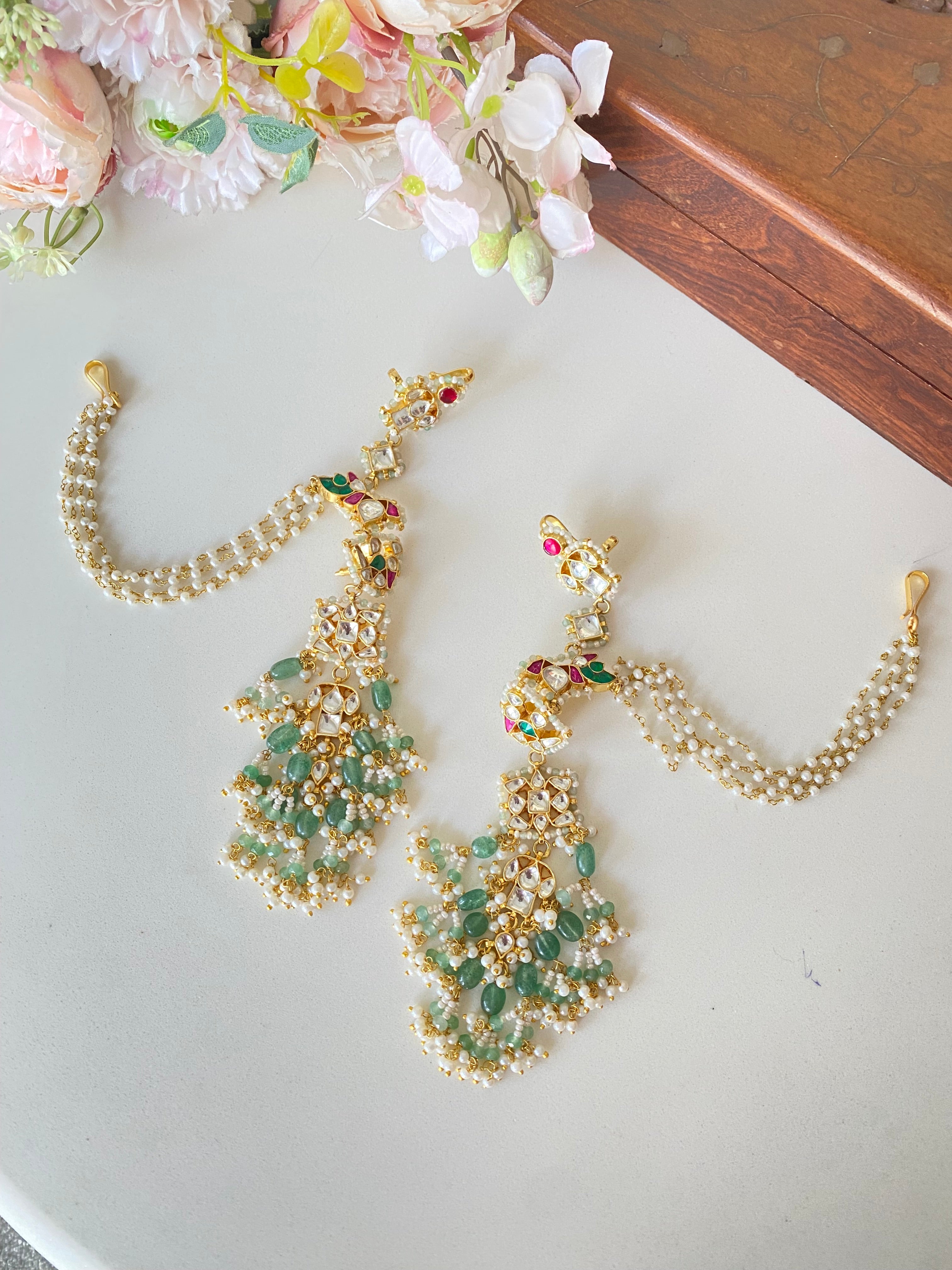 Multi color Kundan ear cuffs in Mint drops
