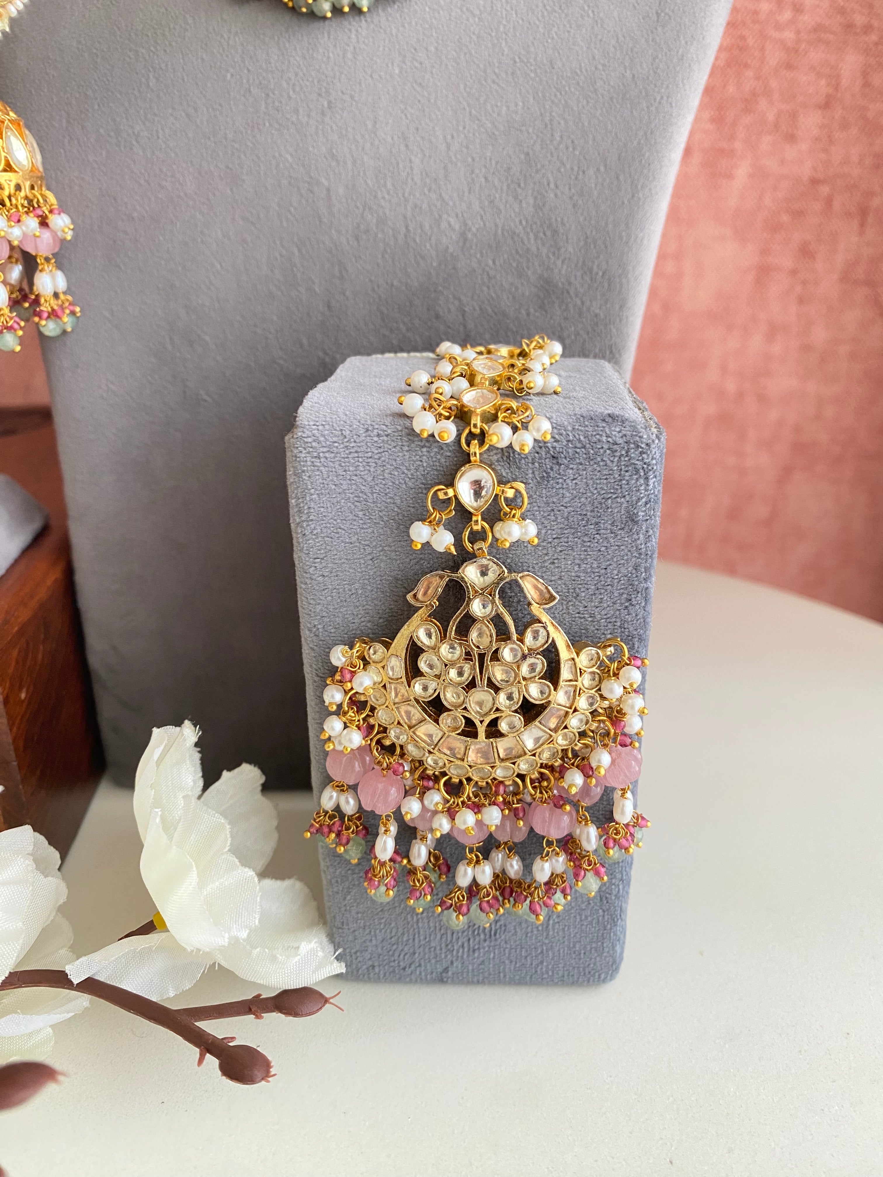 Kundan Bridal Necklace Set in Pink Drops