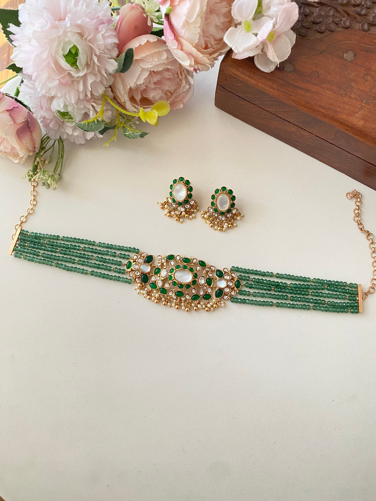 Gold plated Mossanite Green choker Set