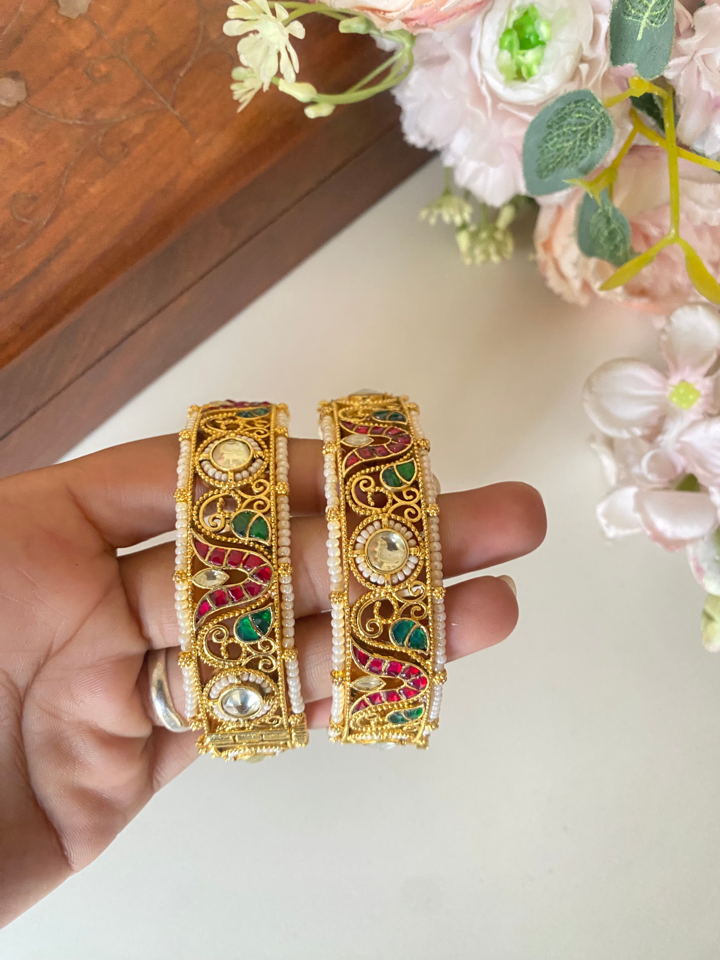 Gold Plated Pink and Green kundan bangles