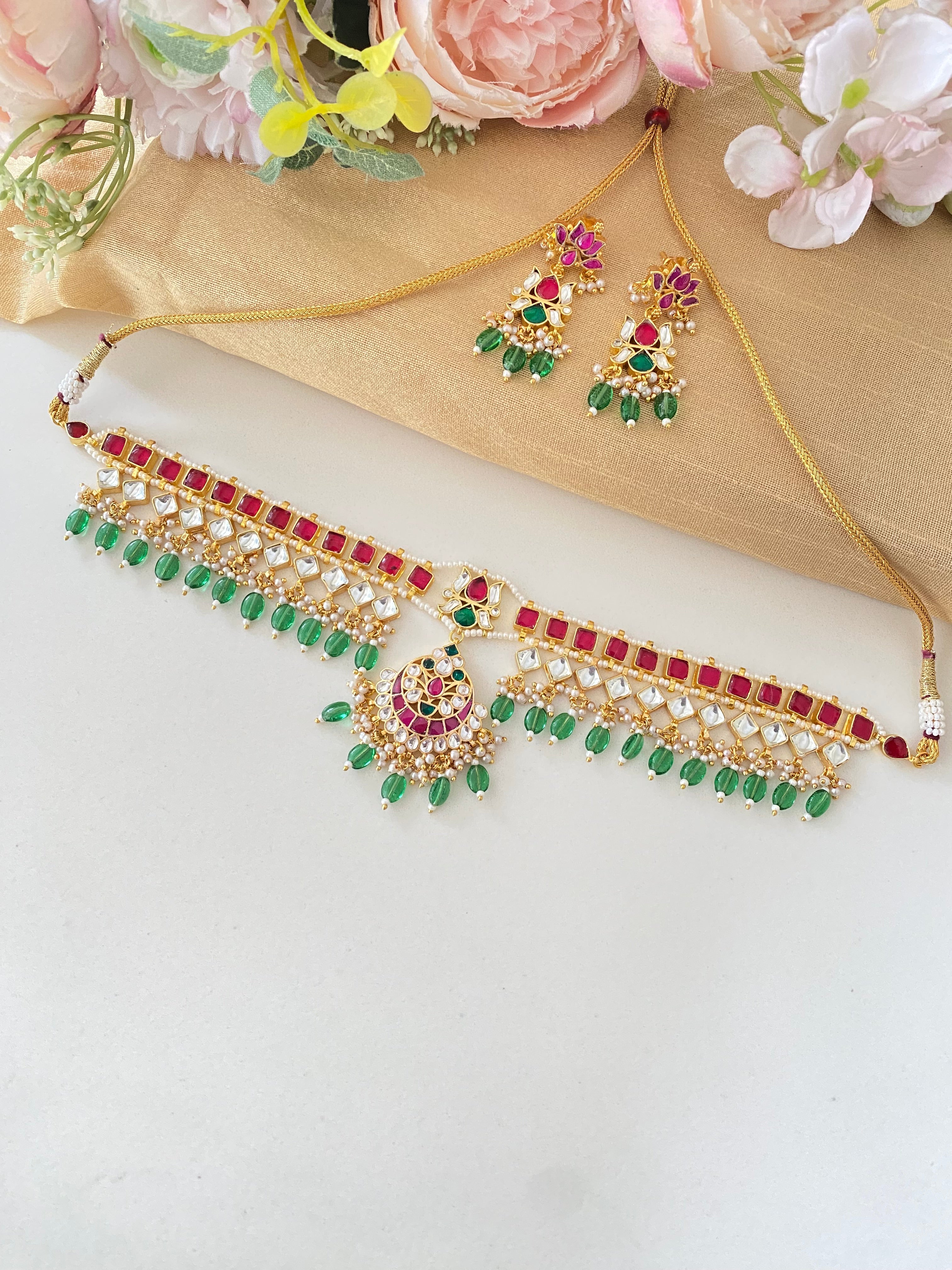 Pink Kundan Necklace Set in Green Drops