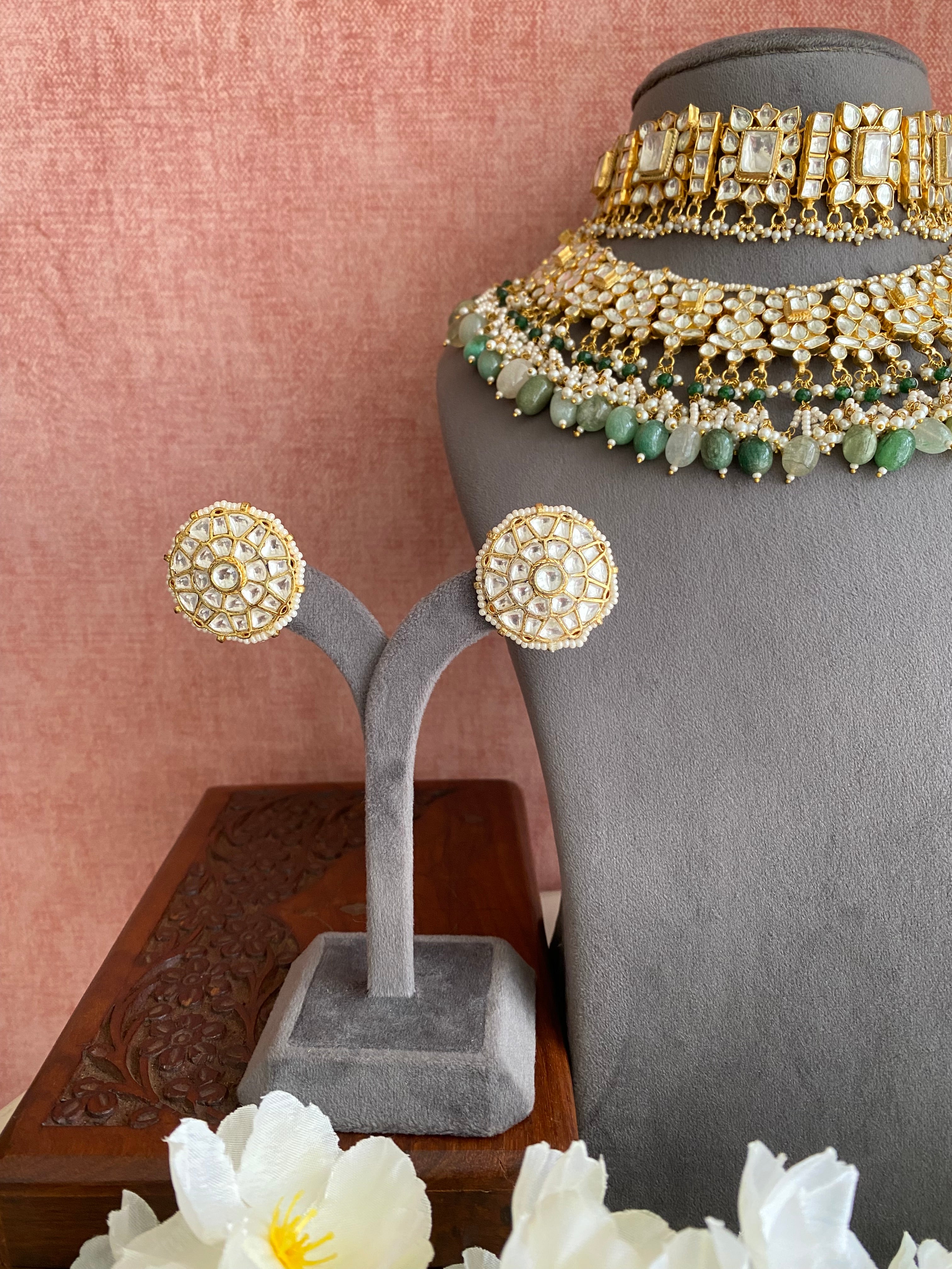 Kundan Bridal Necklace Set in mint Drops
