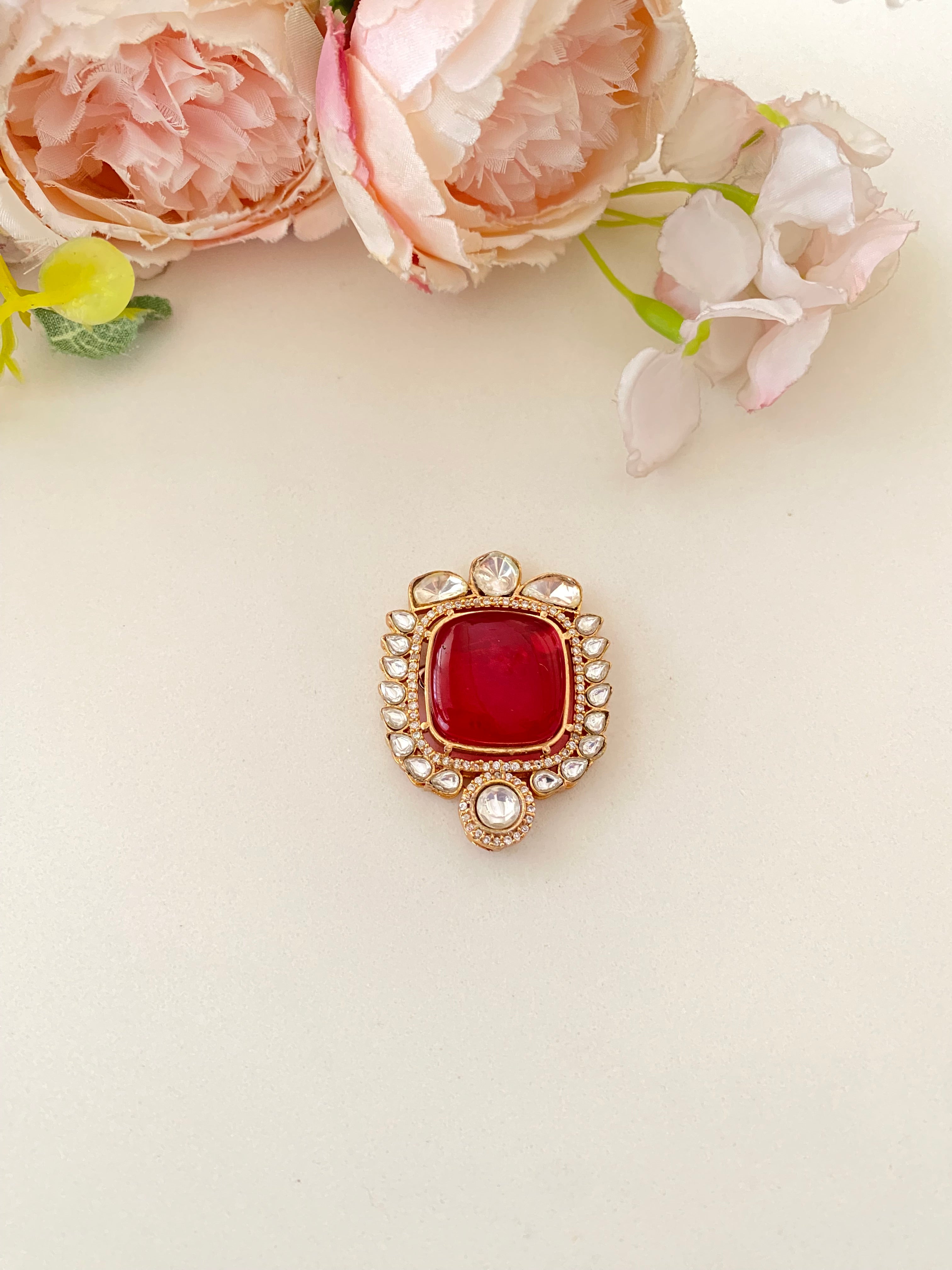 Gold plated Red Stone Moissanite Brooch