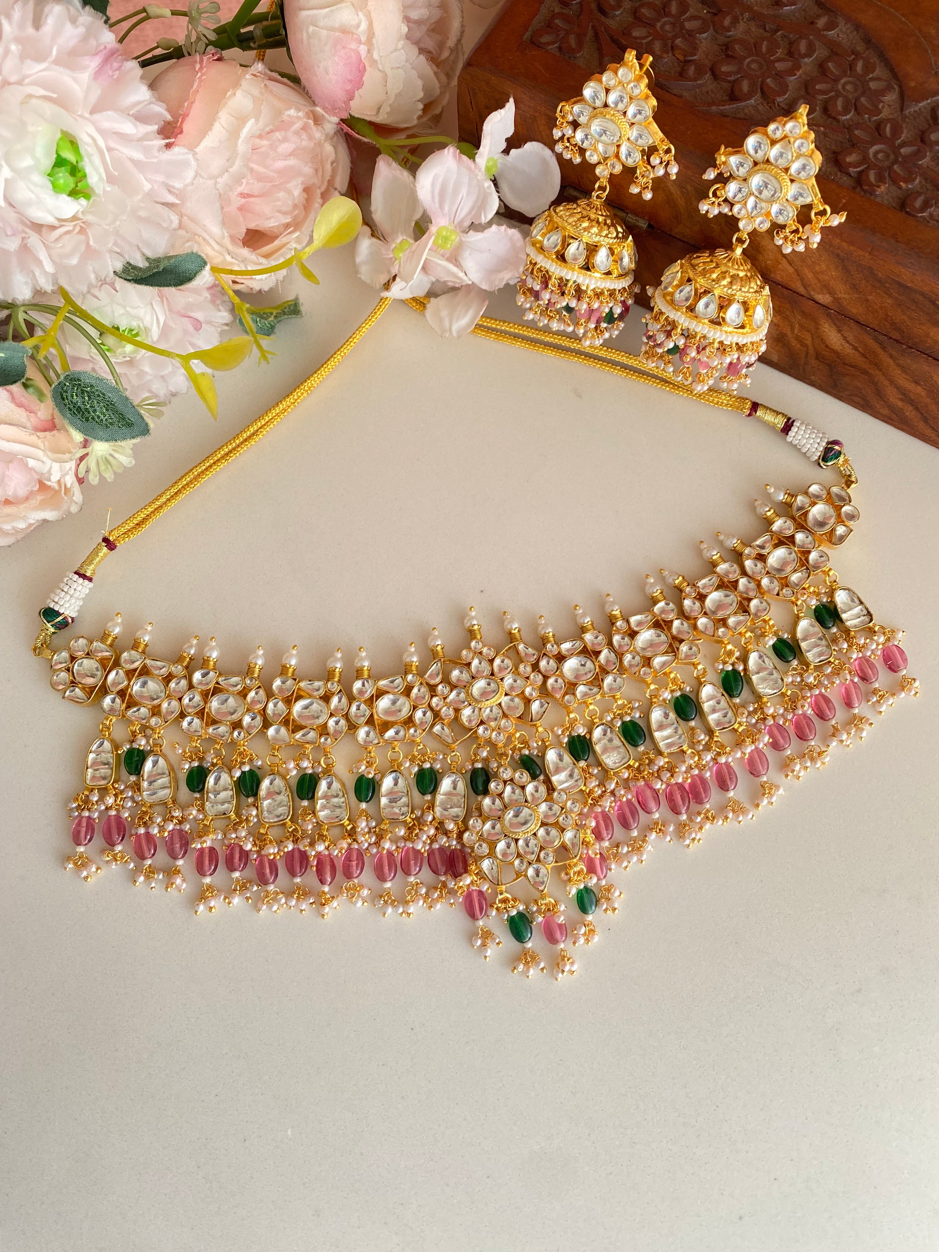 kundan Bridal Necklsce set with pink and green beads