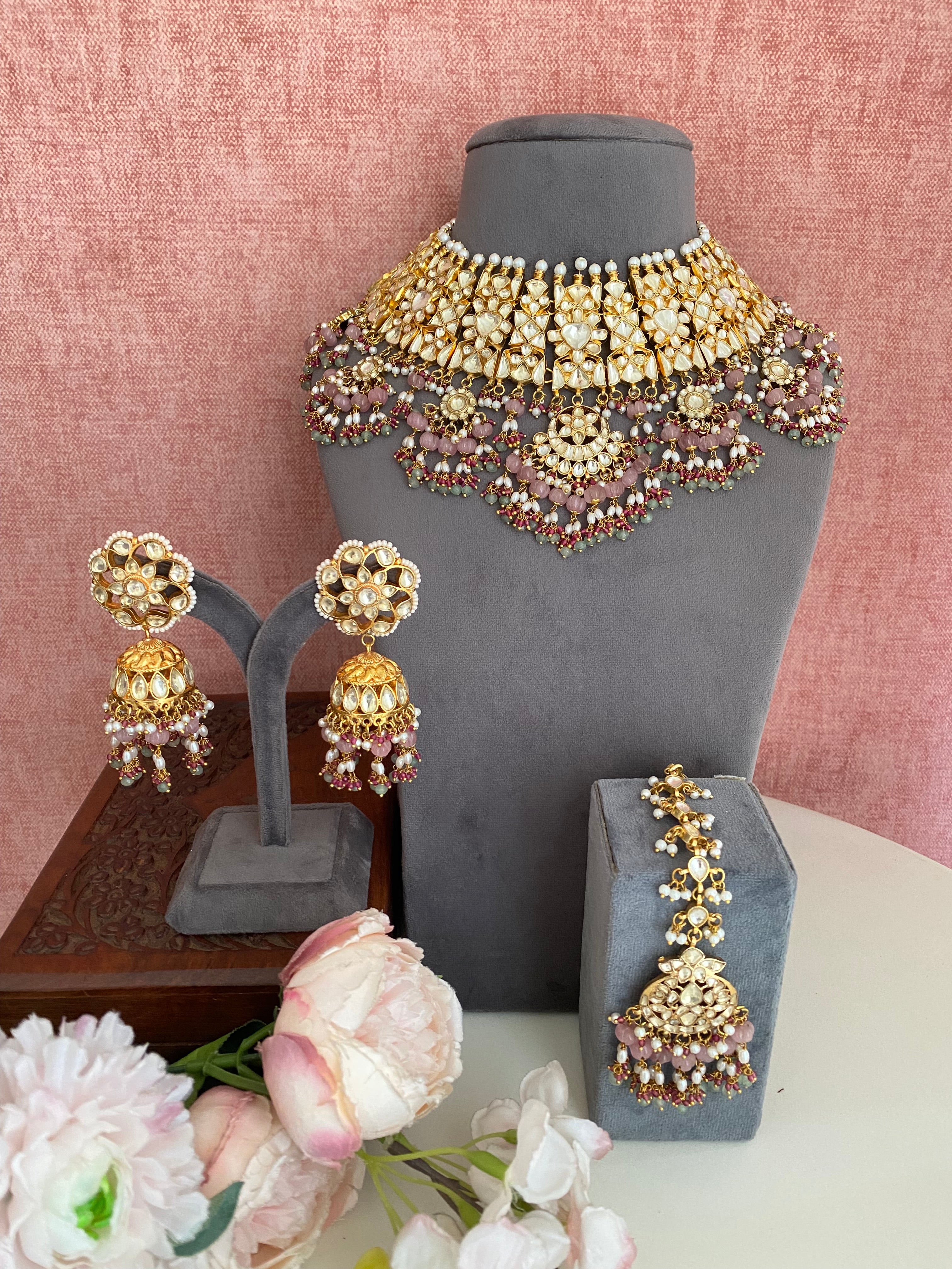Kundan Bridal Necklace Set in Pink Drops