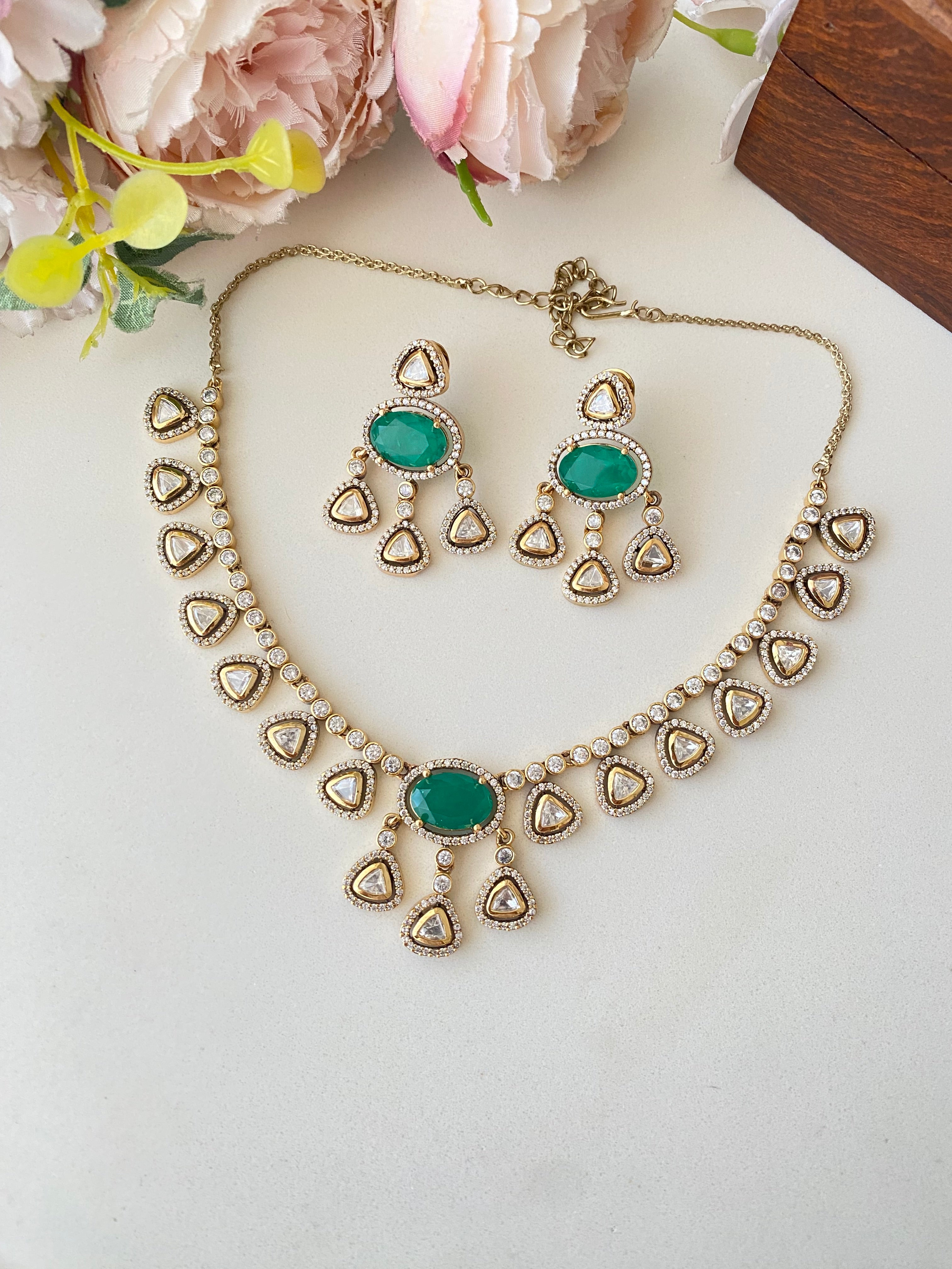 Moissanite Polki Green Stone Necklace Set