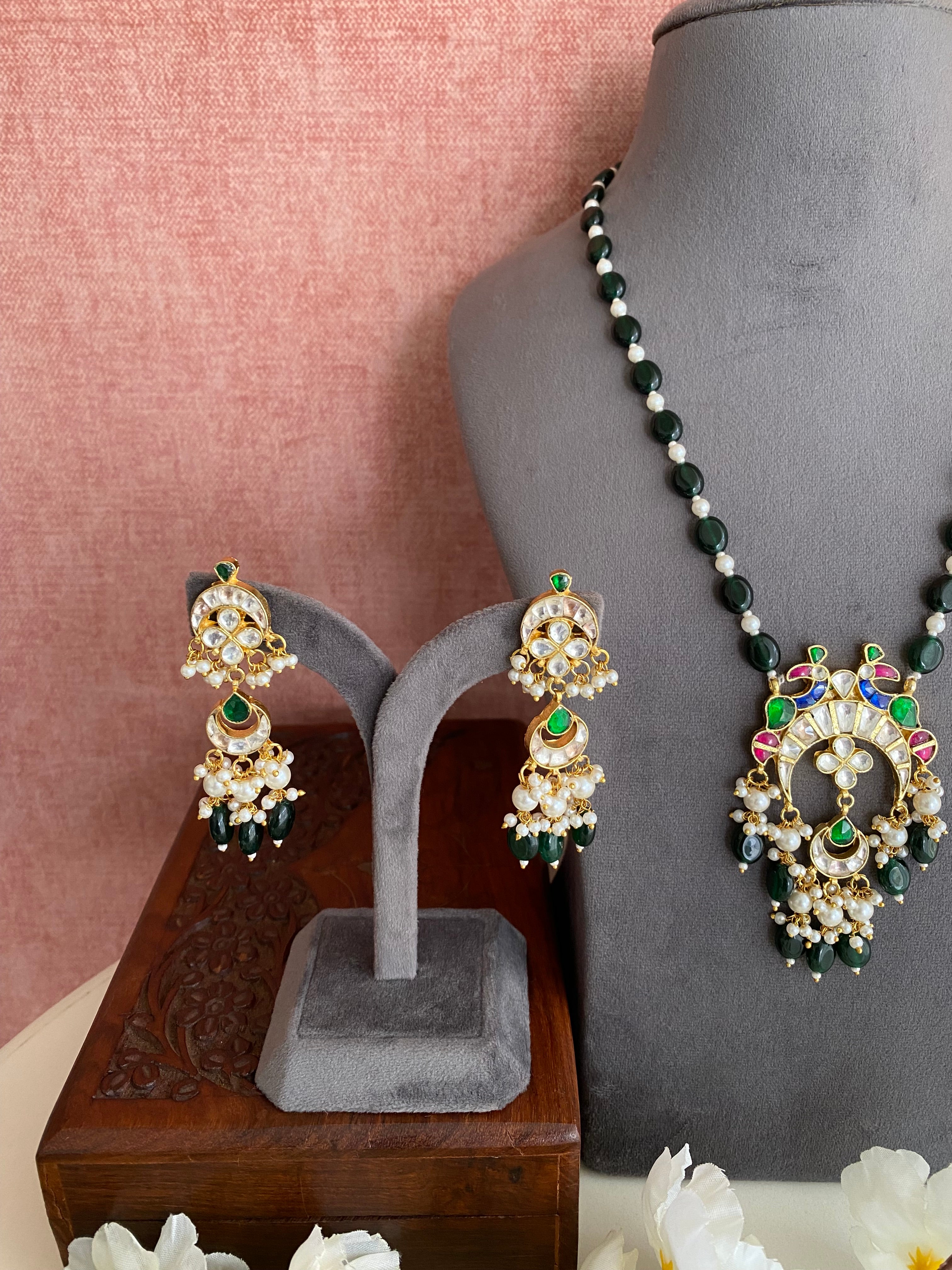 Gold Plated Kundan Long Necklace Set in green drops