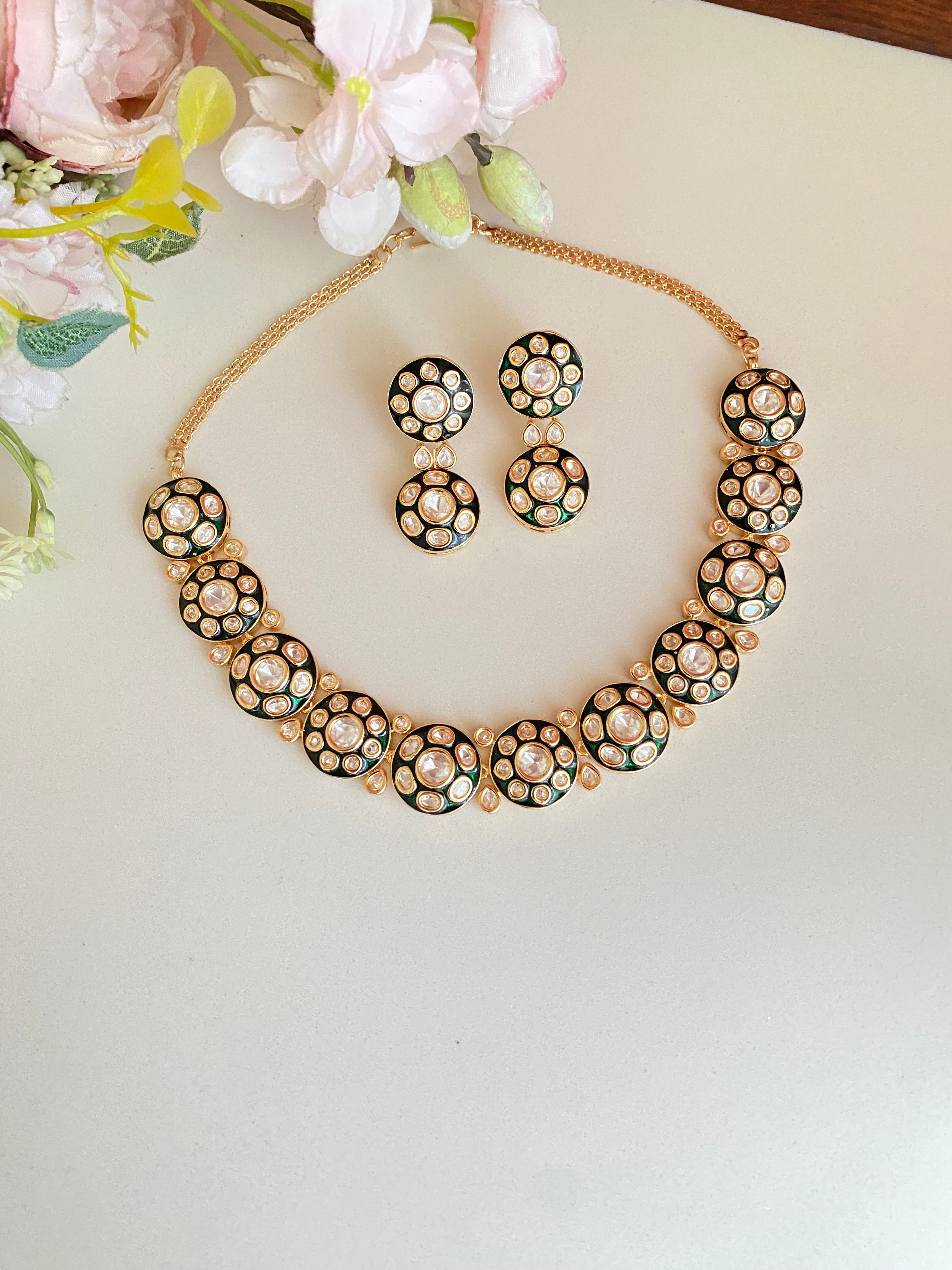 Gold plated Green Meena Necklace set