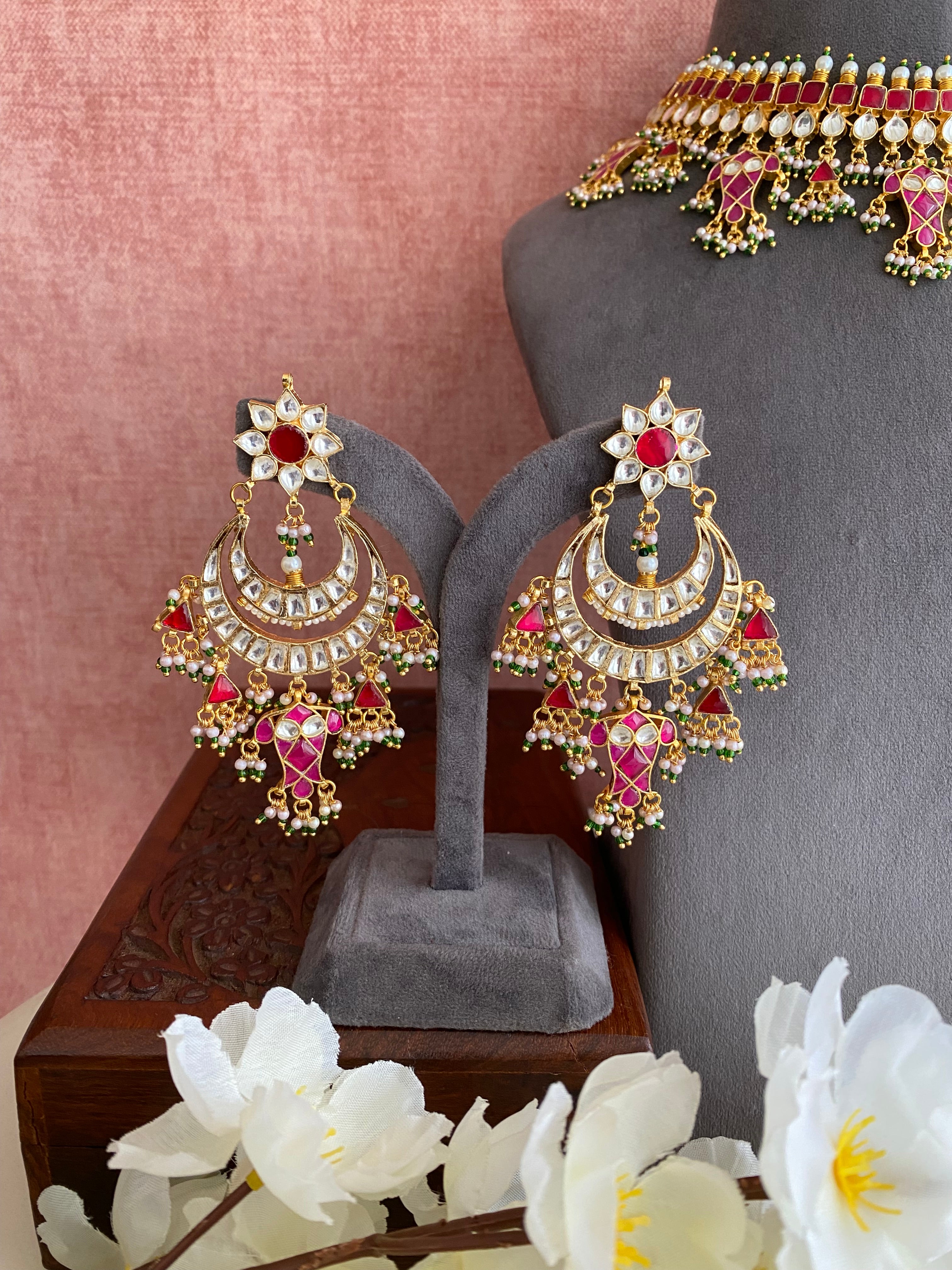 Kundan Gold plated Bridal Necklace Set in mint drops