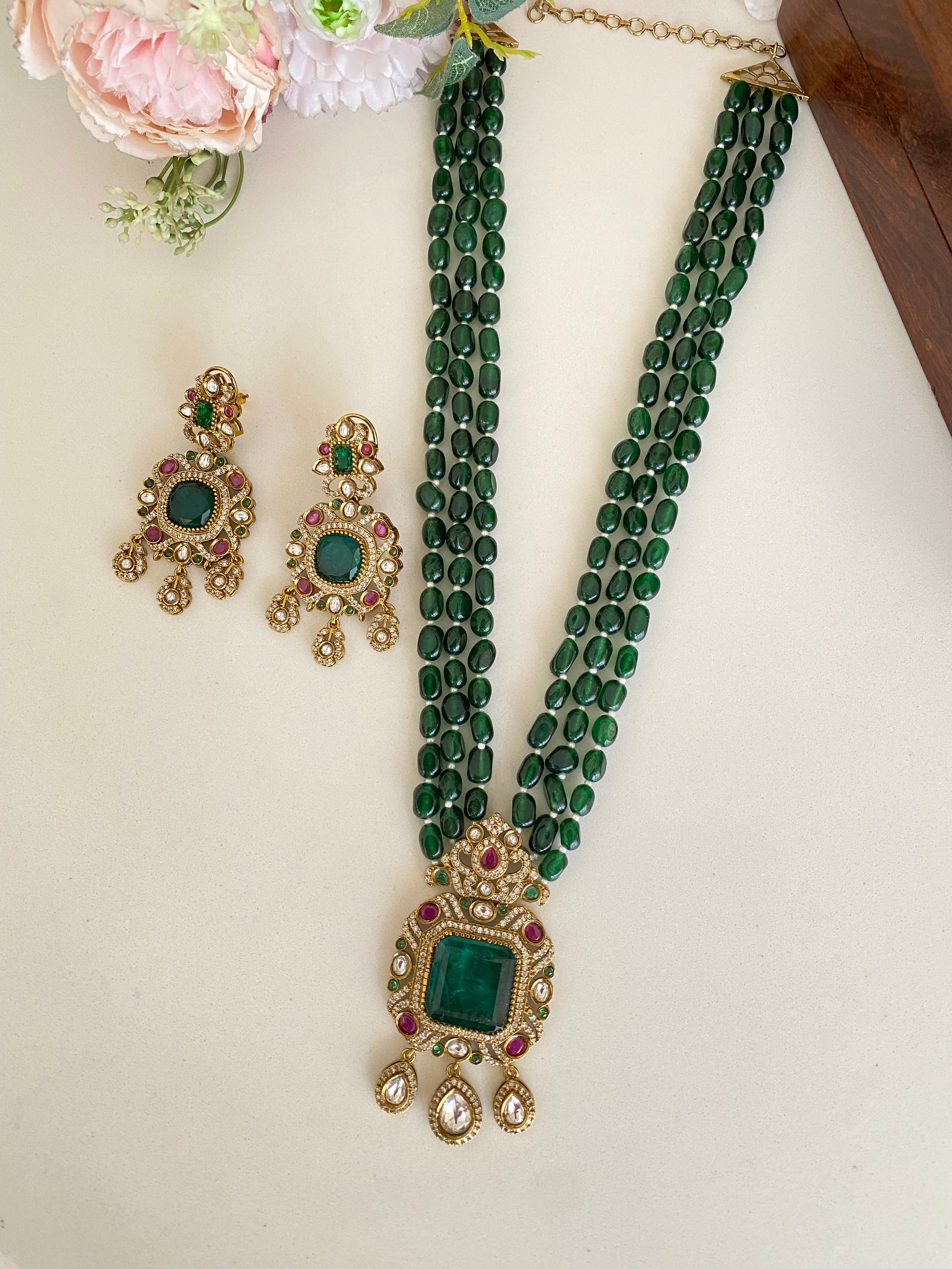 Moissanite Long Green Necklace Set