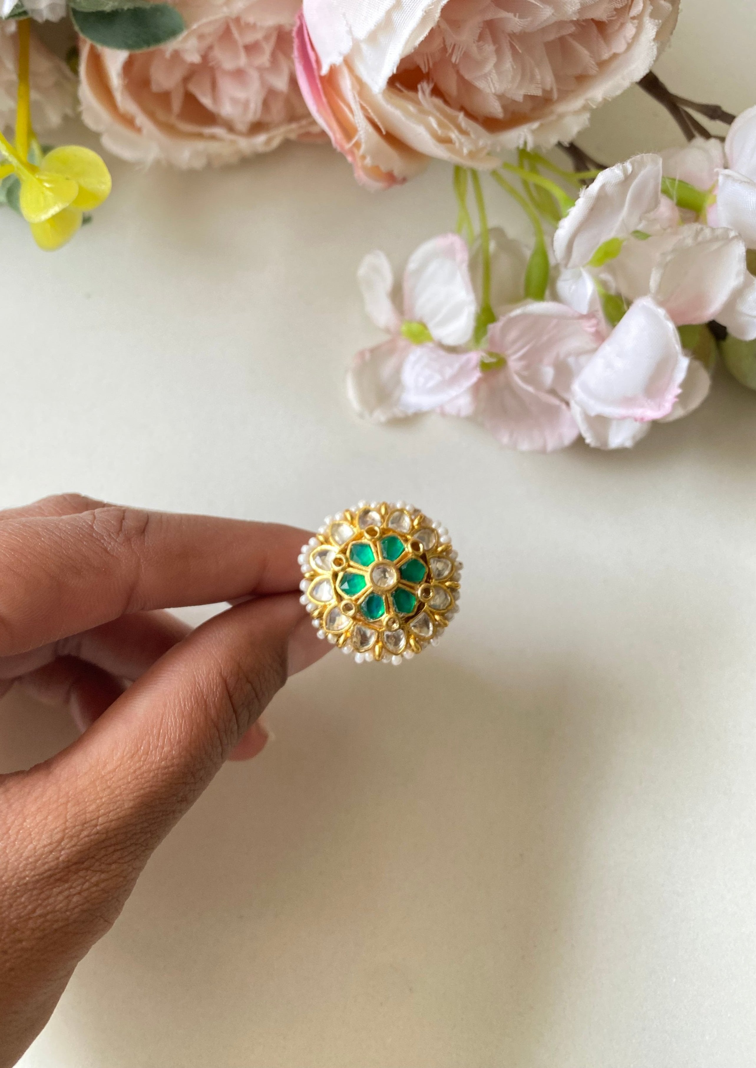 Gold plated Green Kundan Ring