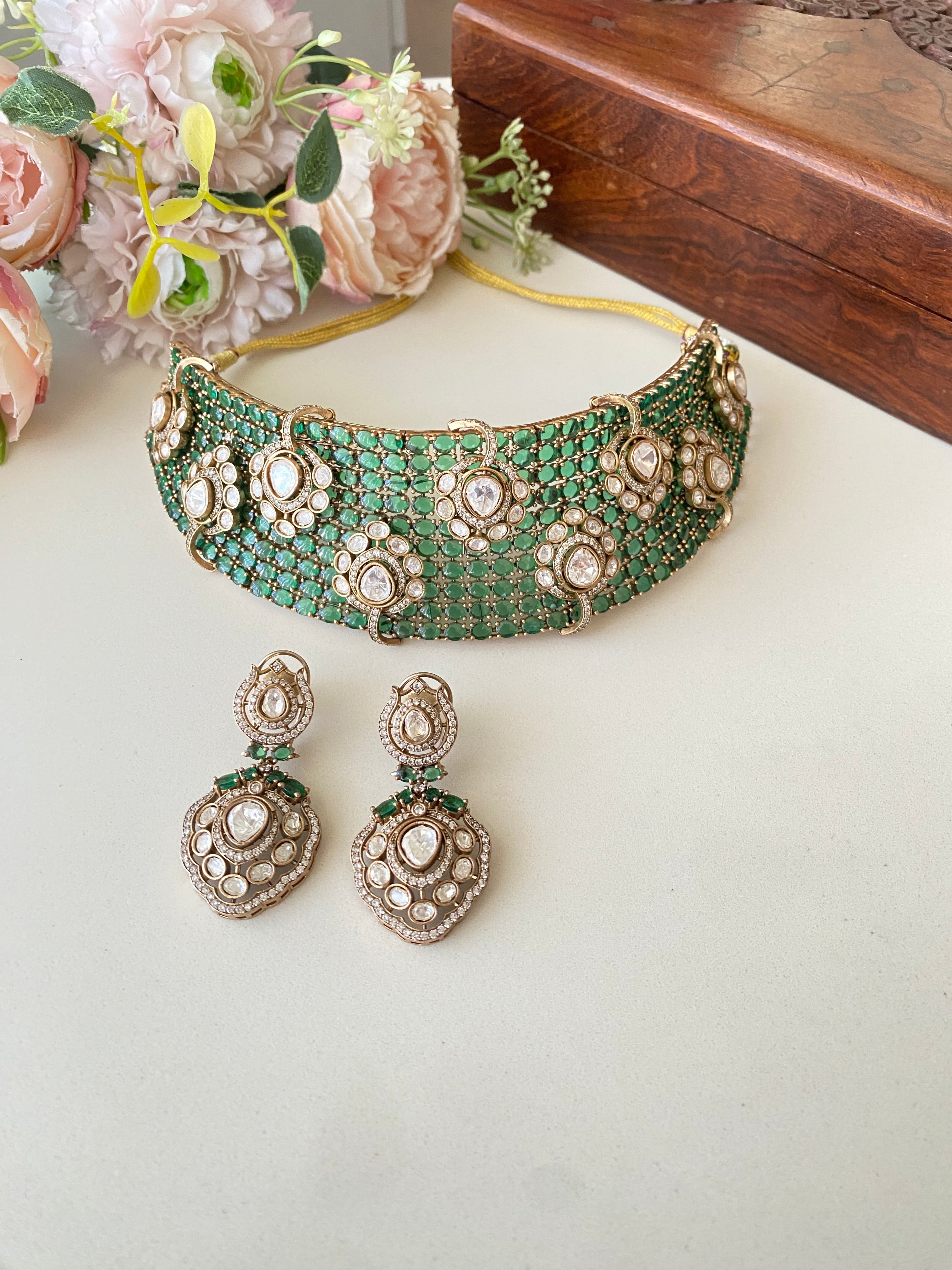 Gold plated Moissanite Green Necklace Set