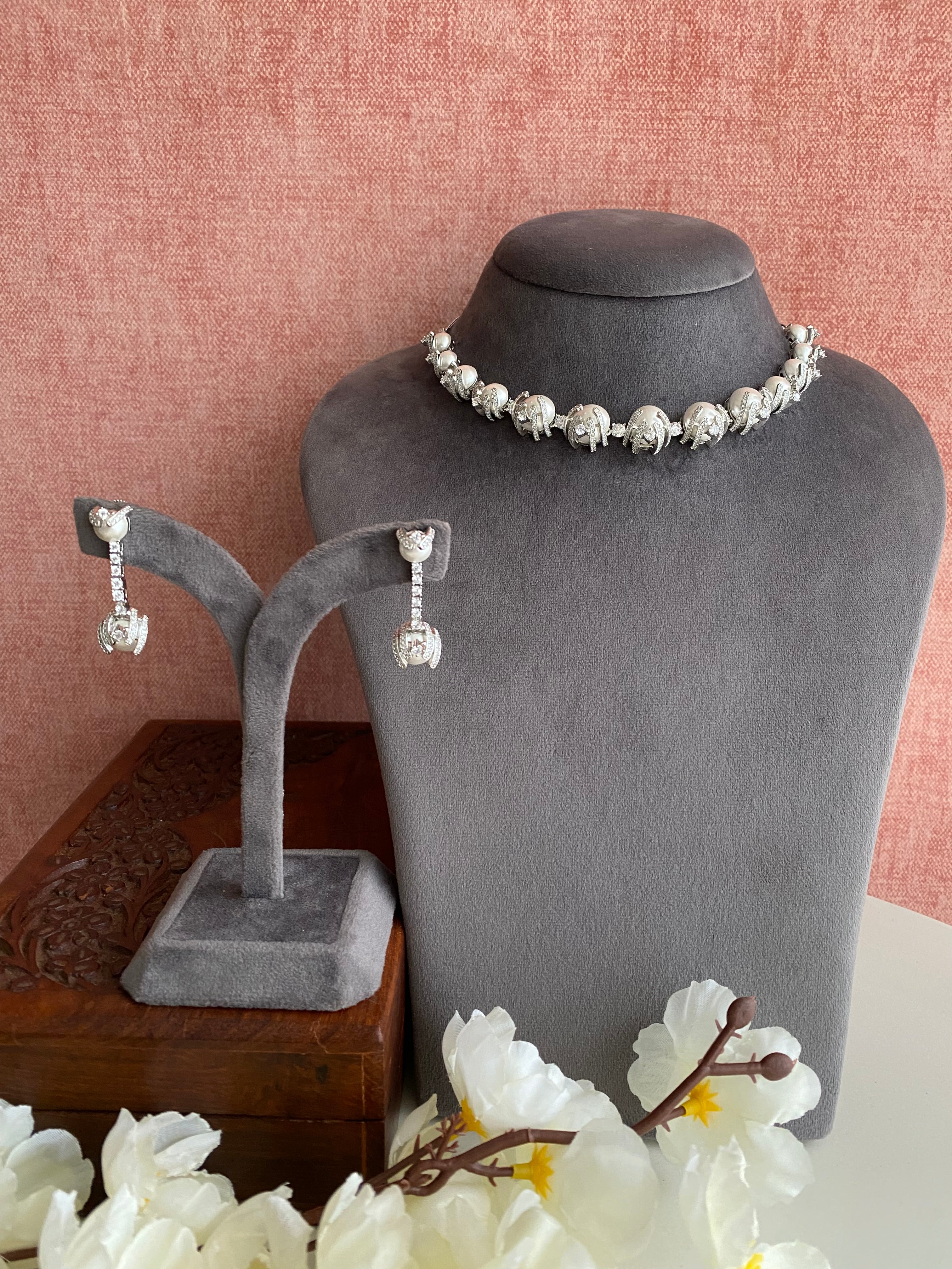 Silver Plated Diamond Necklace set