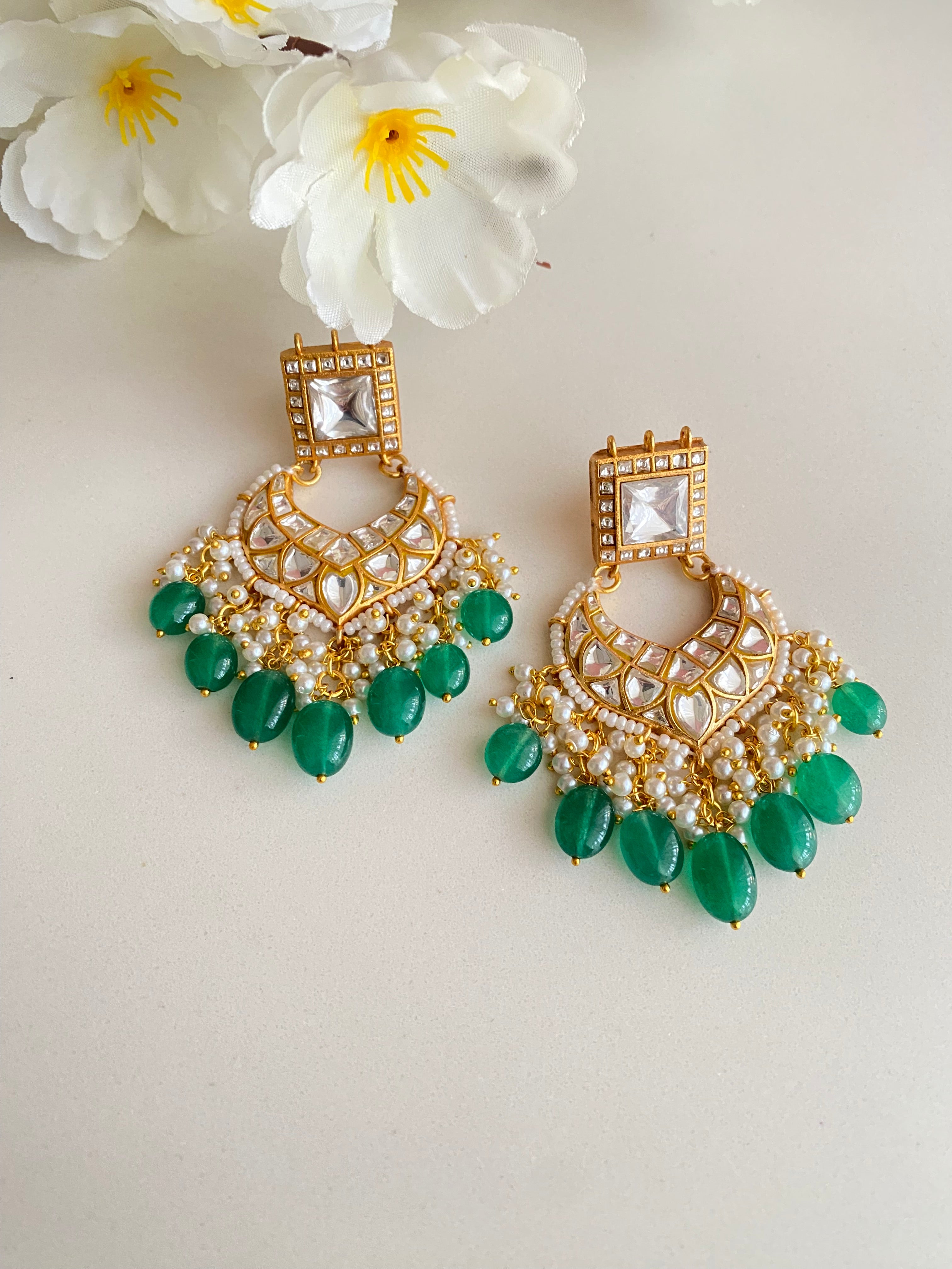Gold Plated Kundan Earrings in green drops