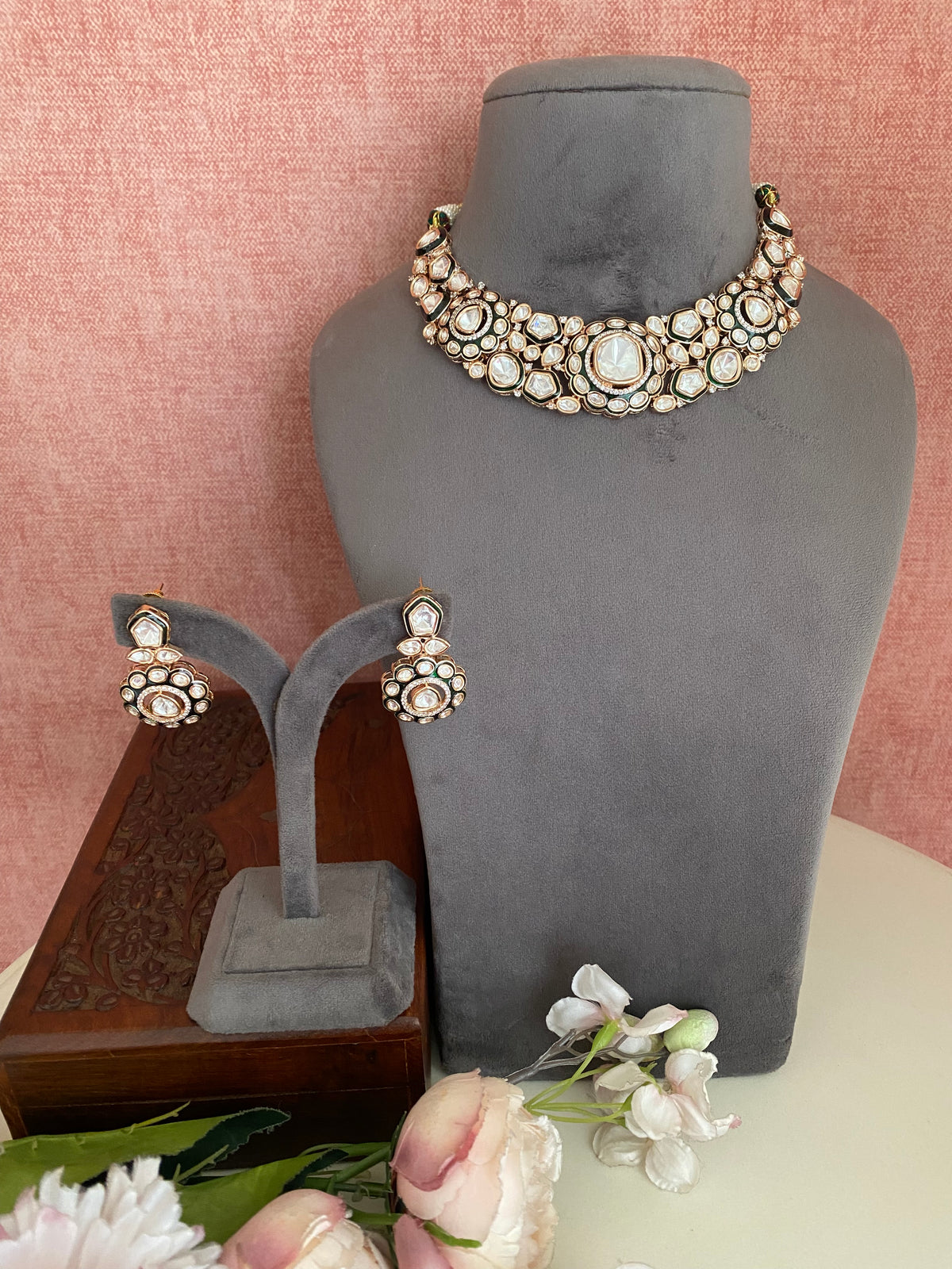 Moissanite Polki Green Necklace Set