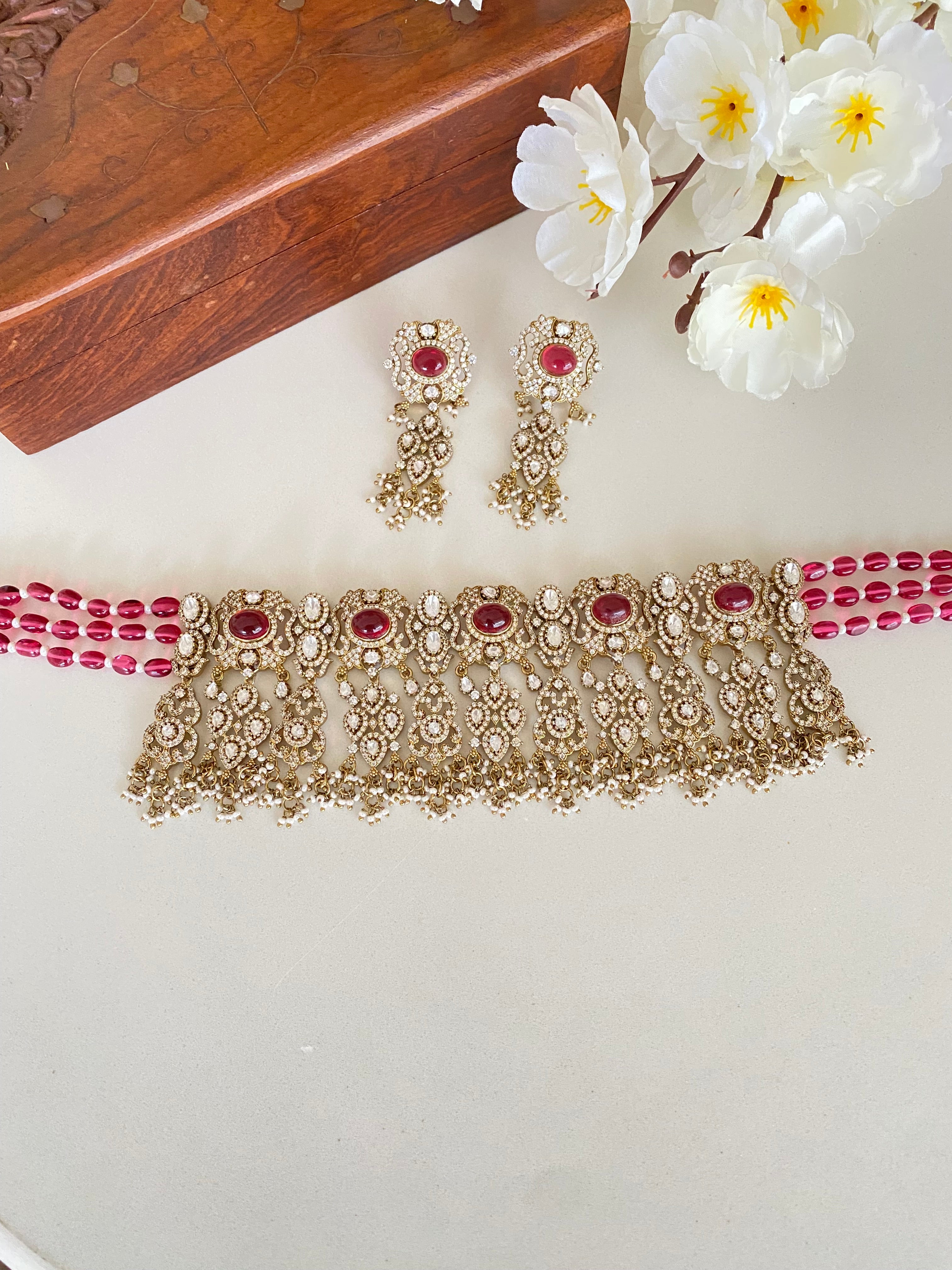 Red Stone Moissanite Choker Set