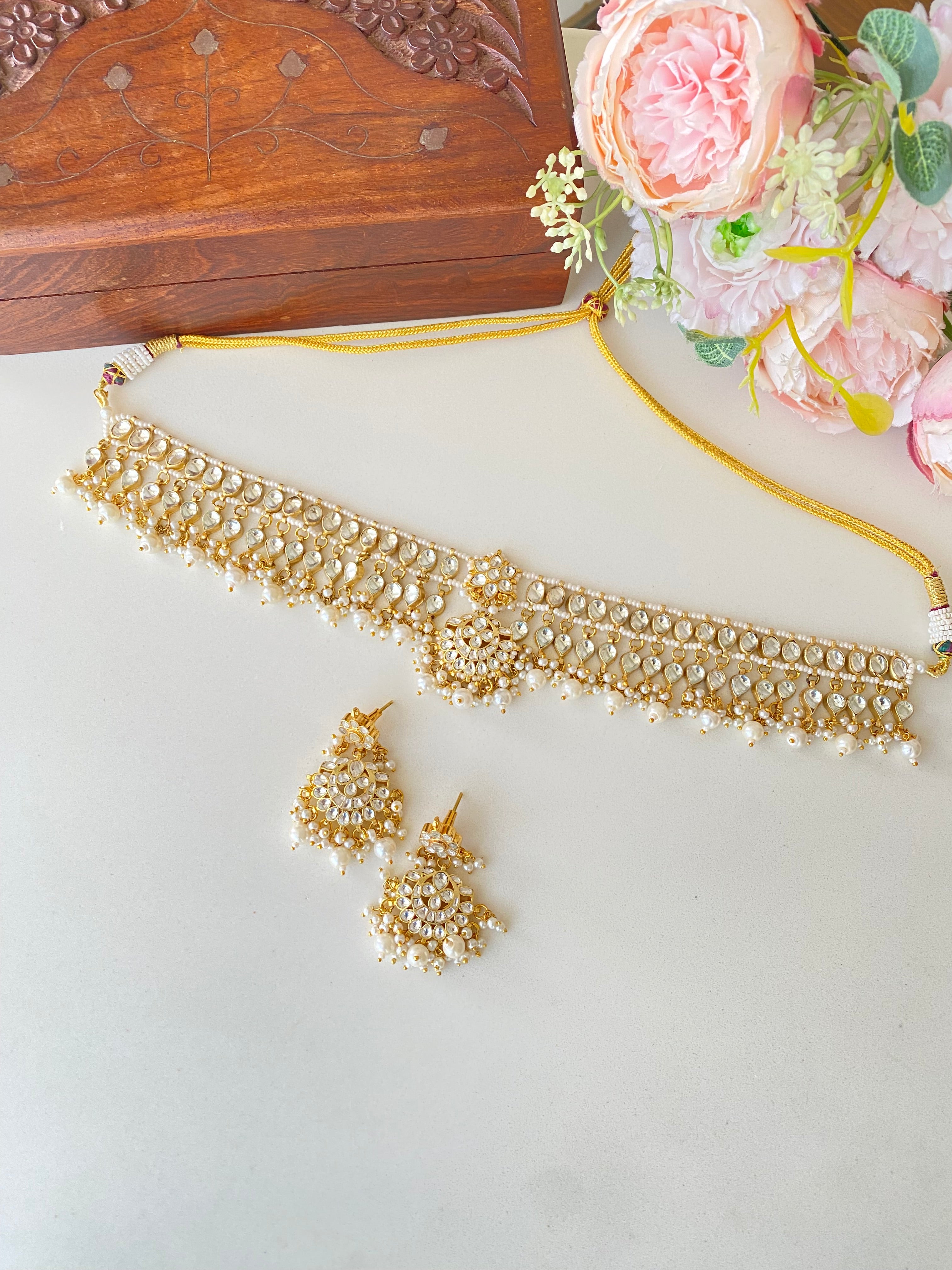 Gold plated Kundan Choker Set in pearl drops