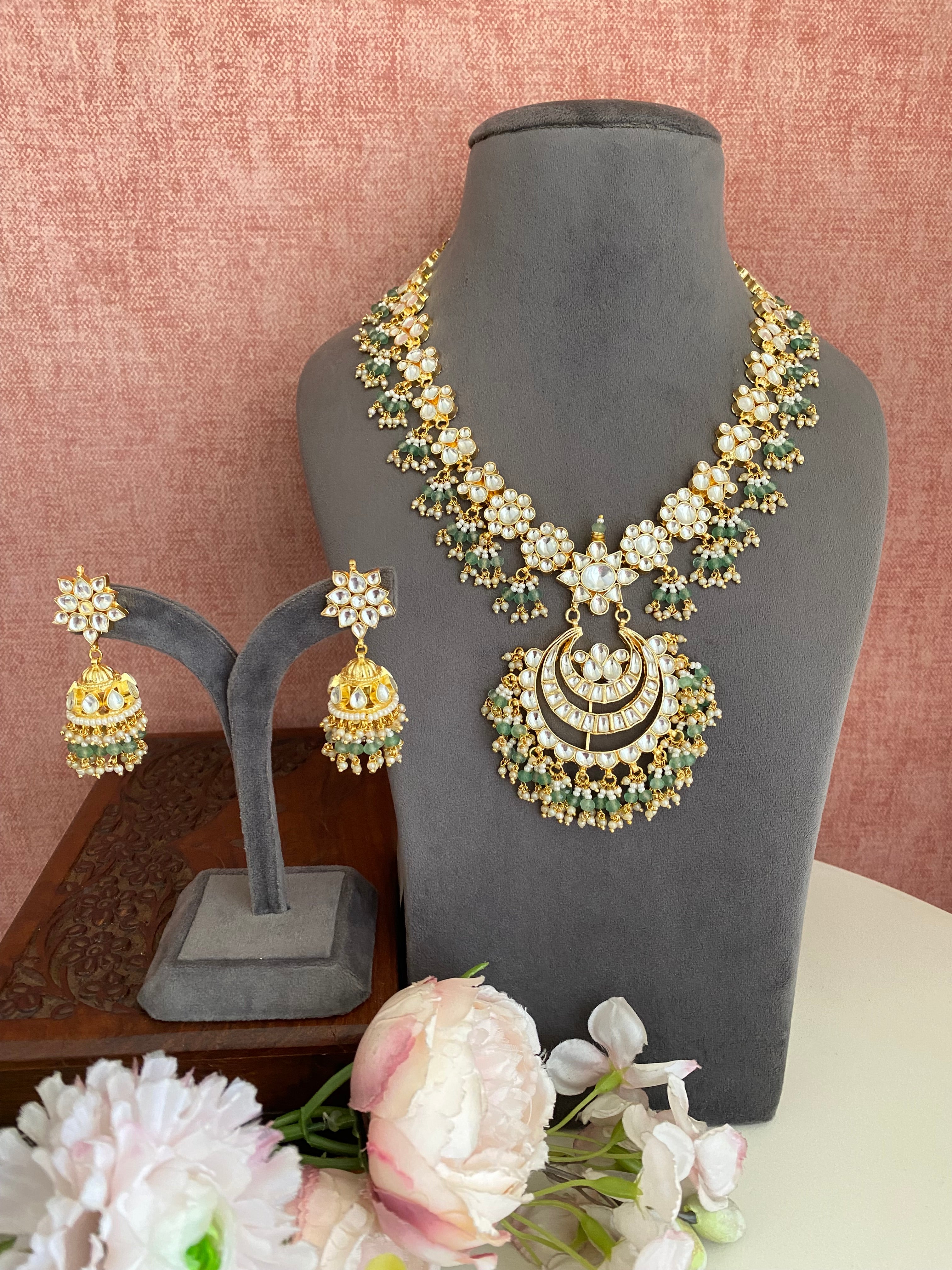 Gold Plated Kundan long set with Jhumka
