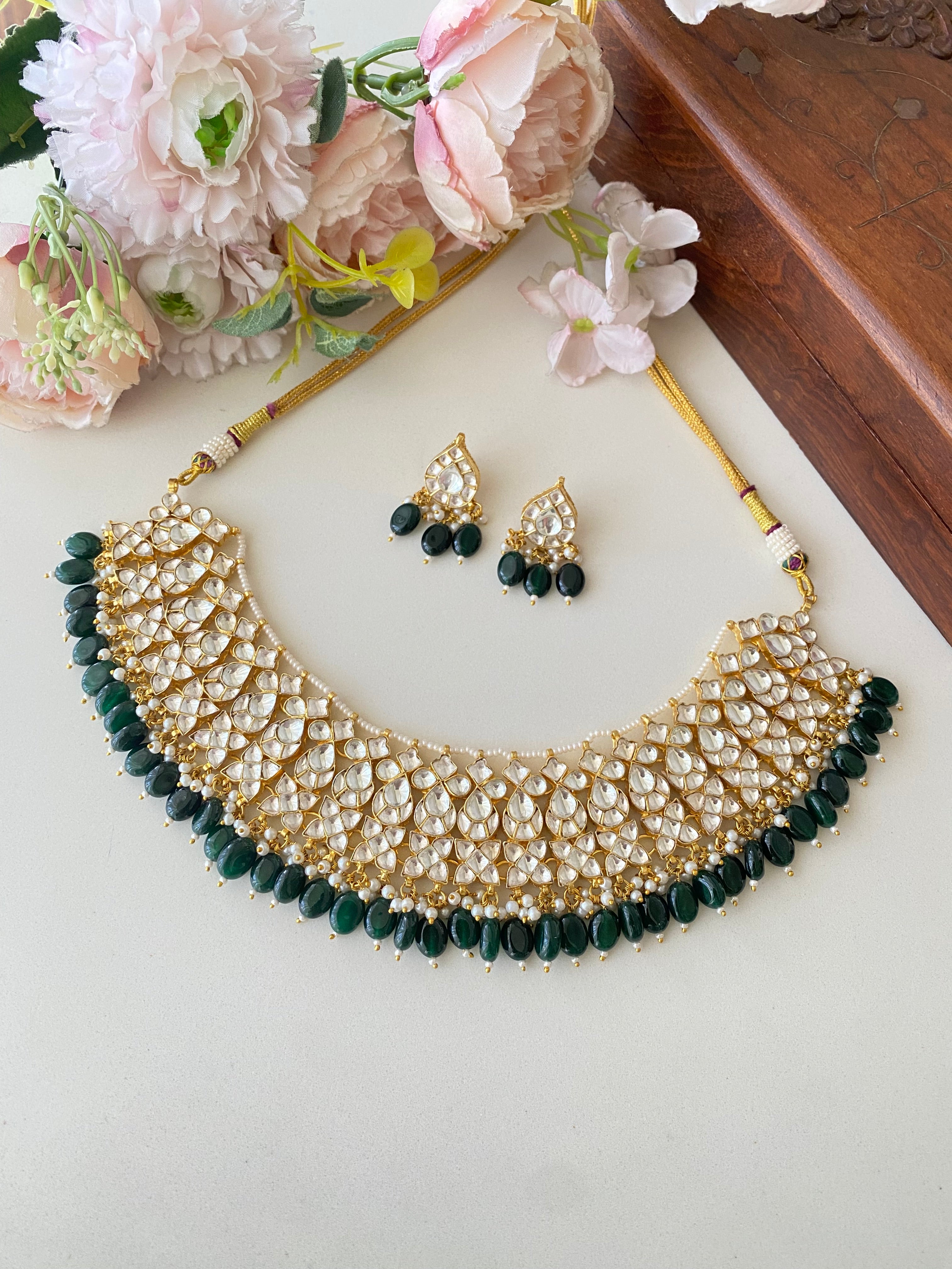 Kundan Necklace Set in Green Beads