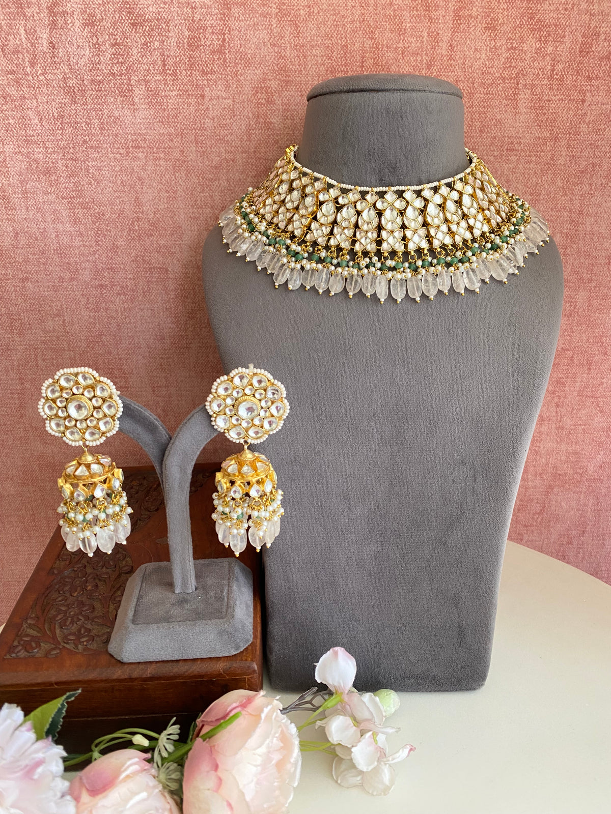 Kundan Necklace Set in Pink Beads