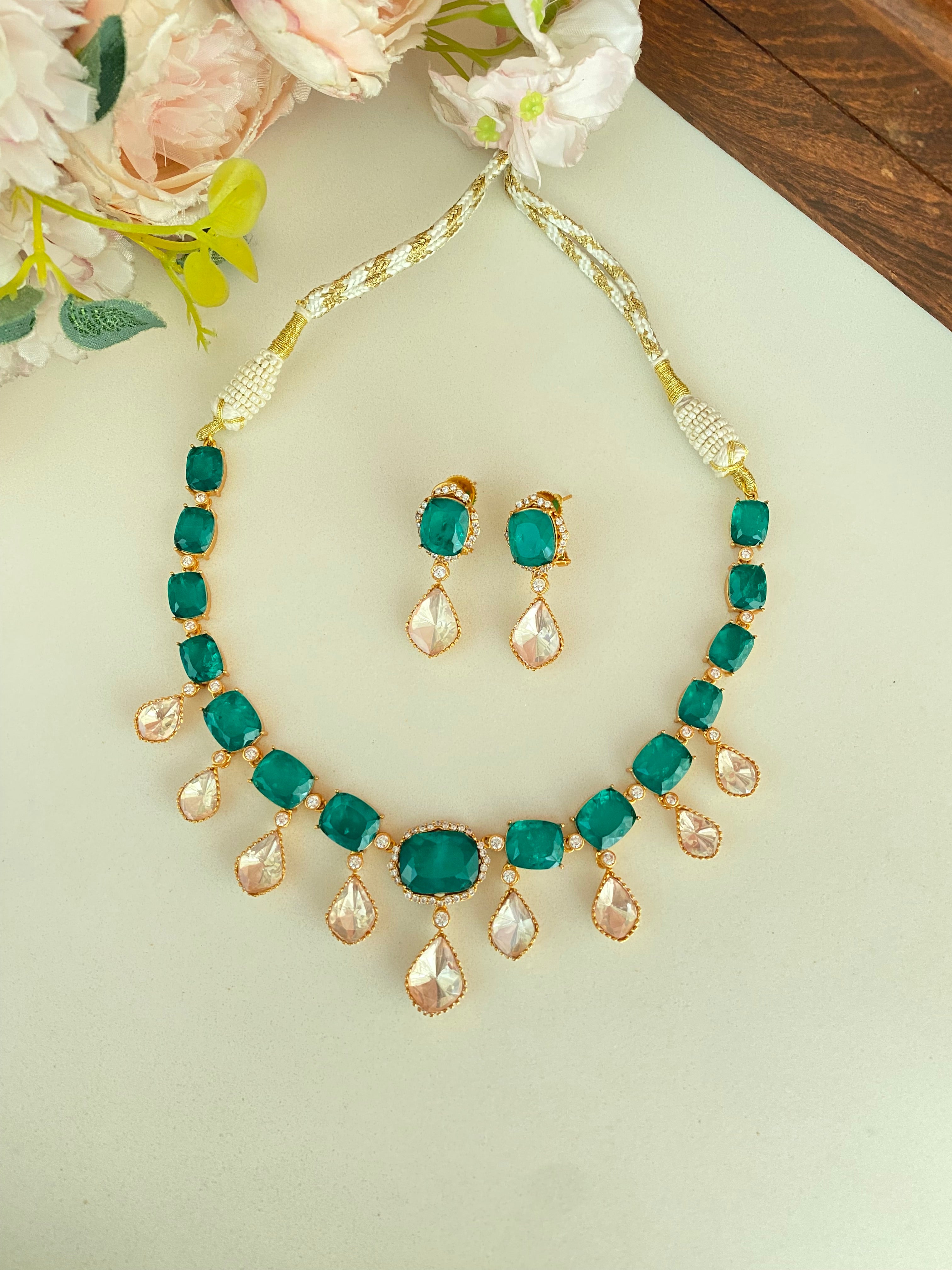 Gold plated Moissanite Green Necklace Set