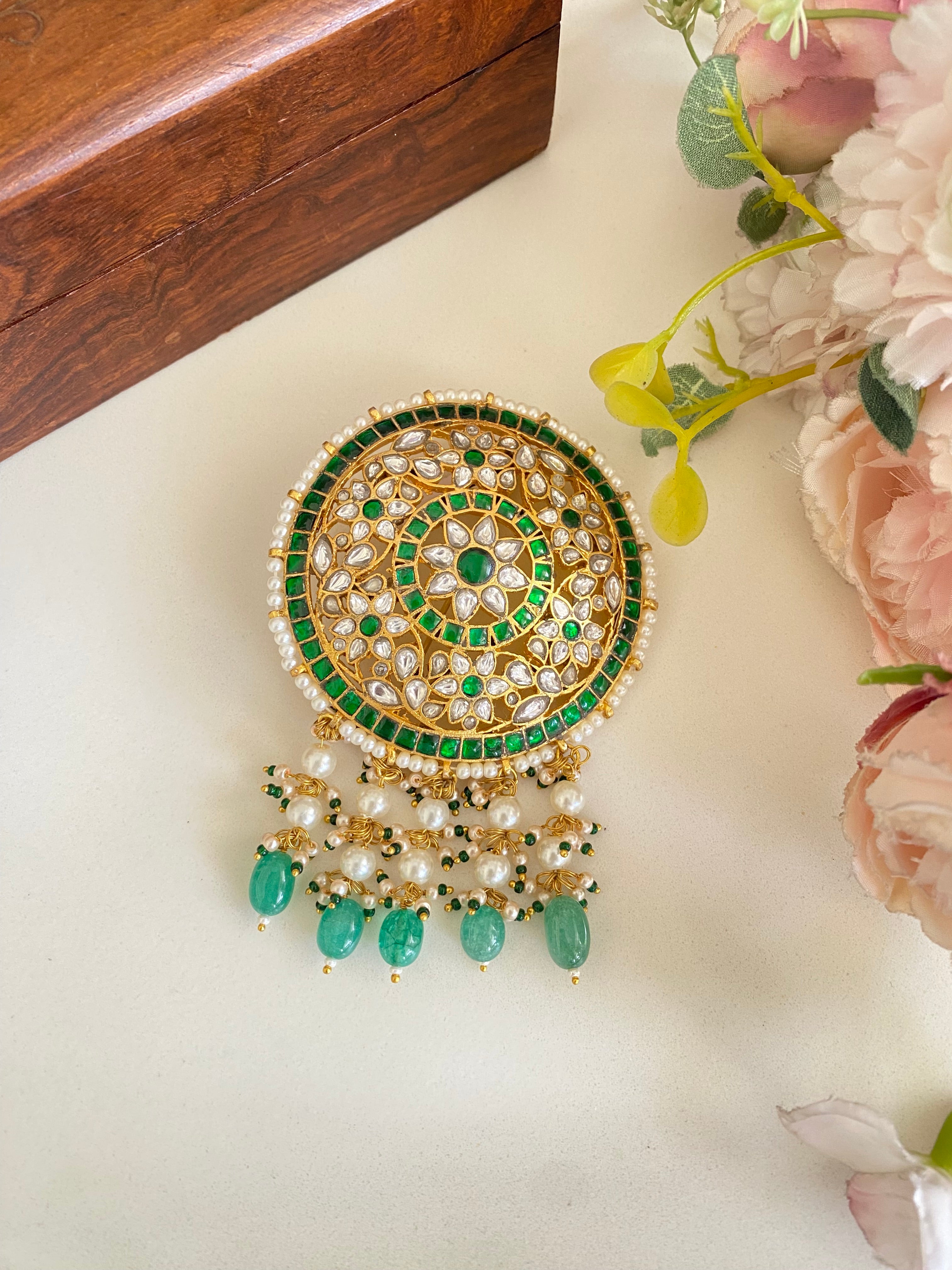 Gold Plated Kundan Green Juda Pin