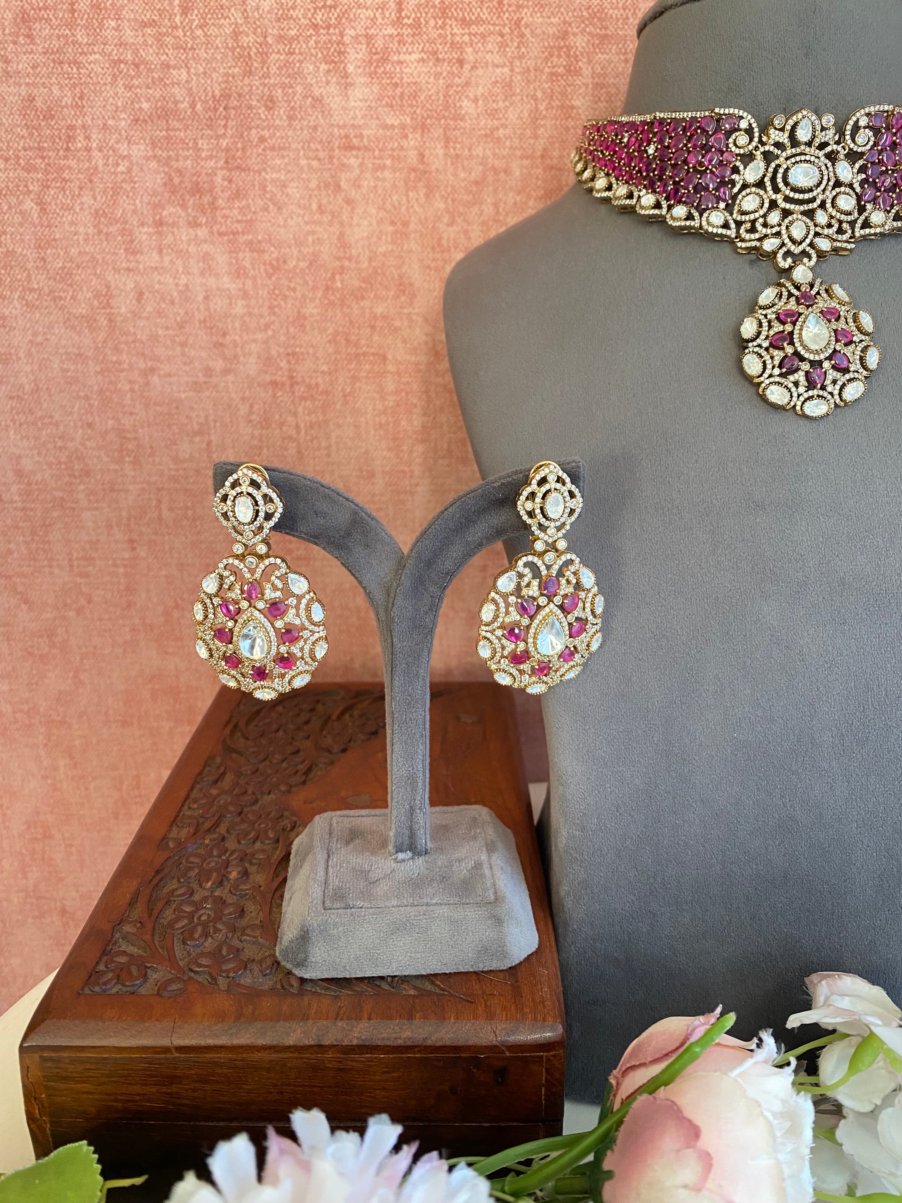 Gold plated Moissanite Pink Necklace Set