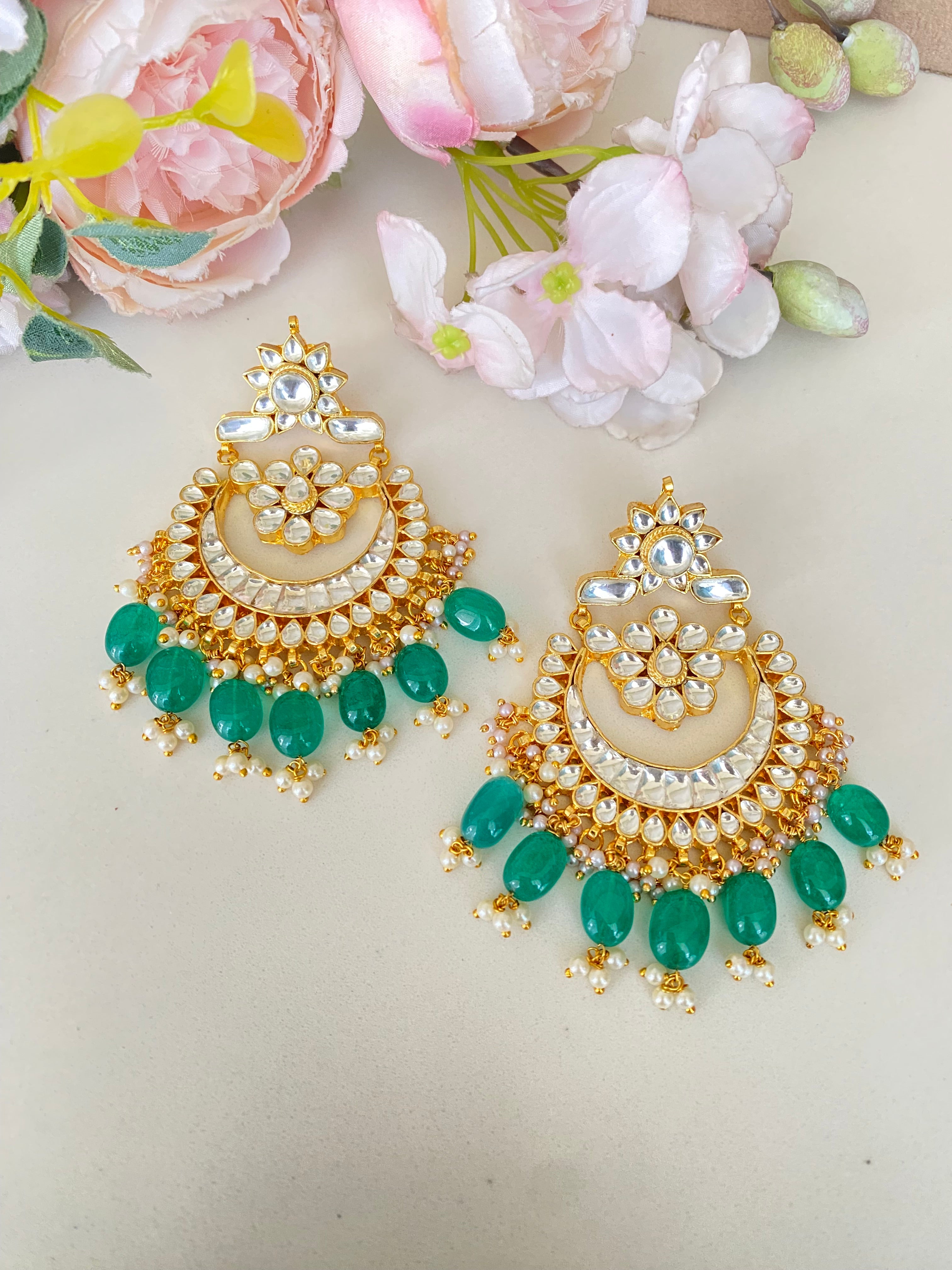 Gold plated Kundan Earring in green drops