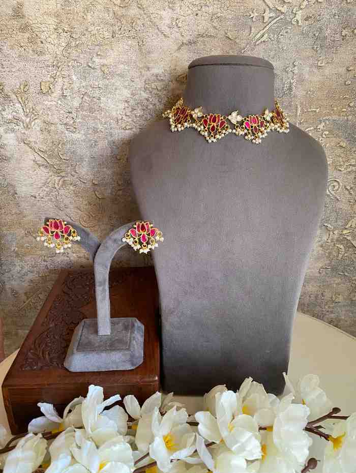Gold plated Pink Lotus Kundan Choker set