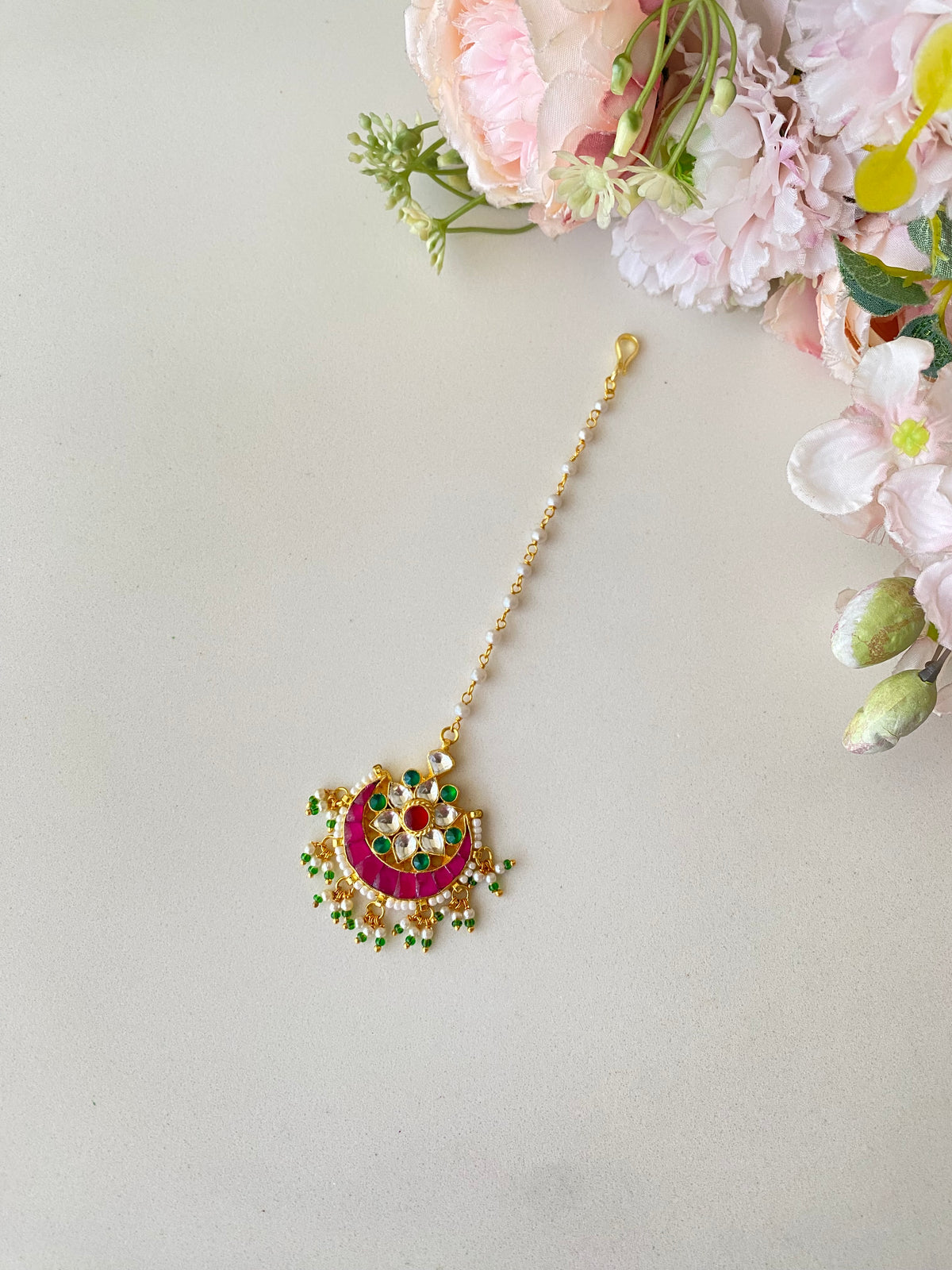 Gold Plated Pink Kundan Tikka