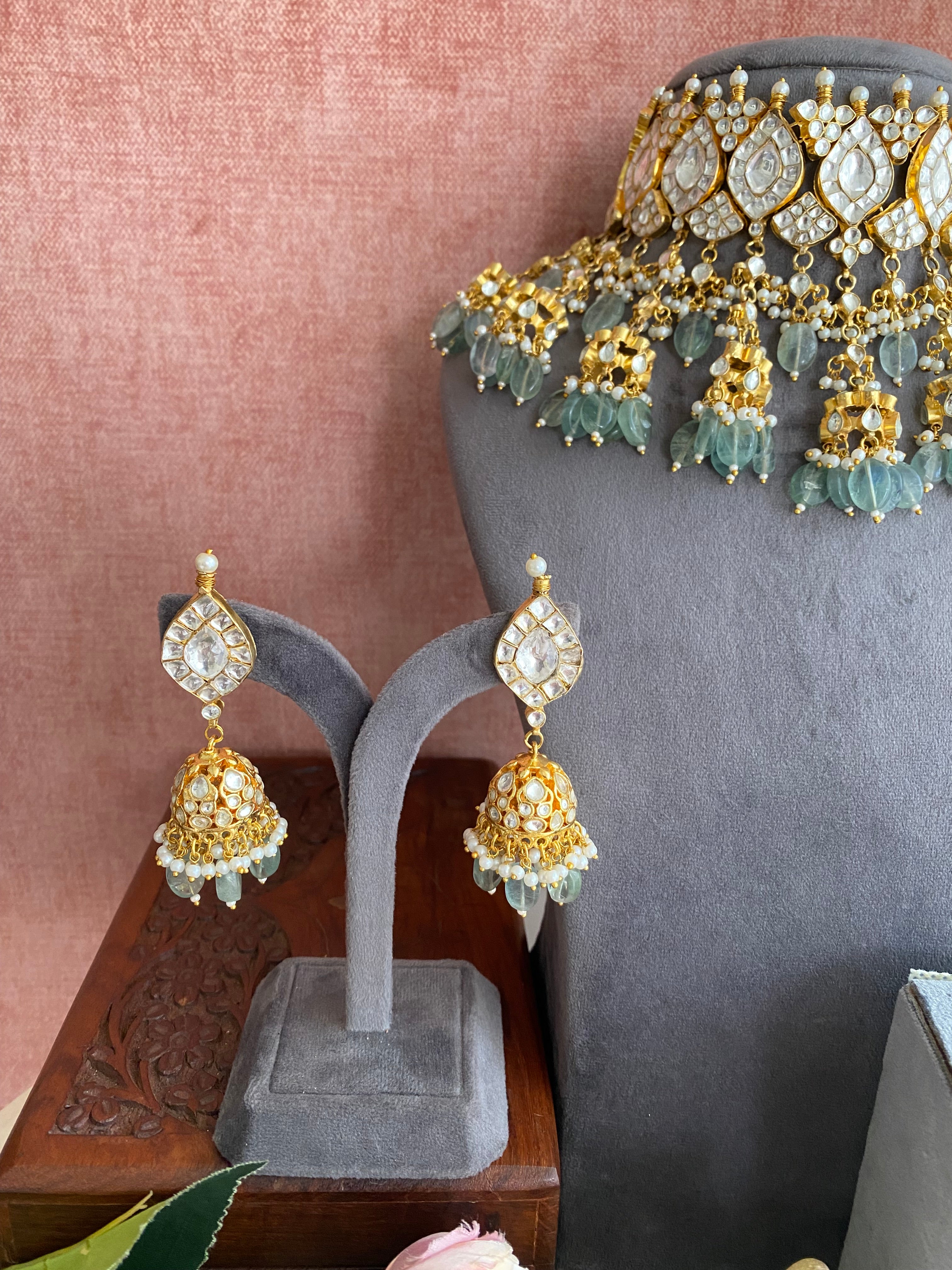 Kundan Bridal Necklace Set in Mint Drops