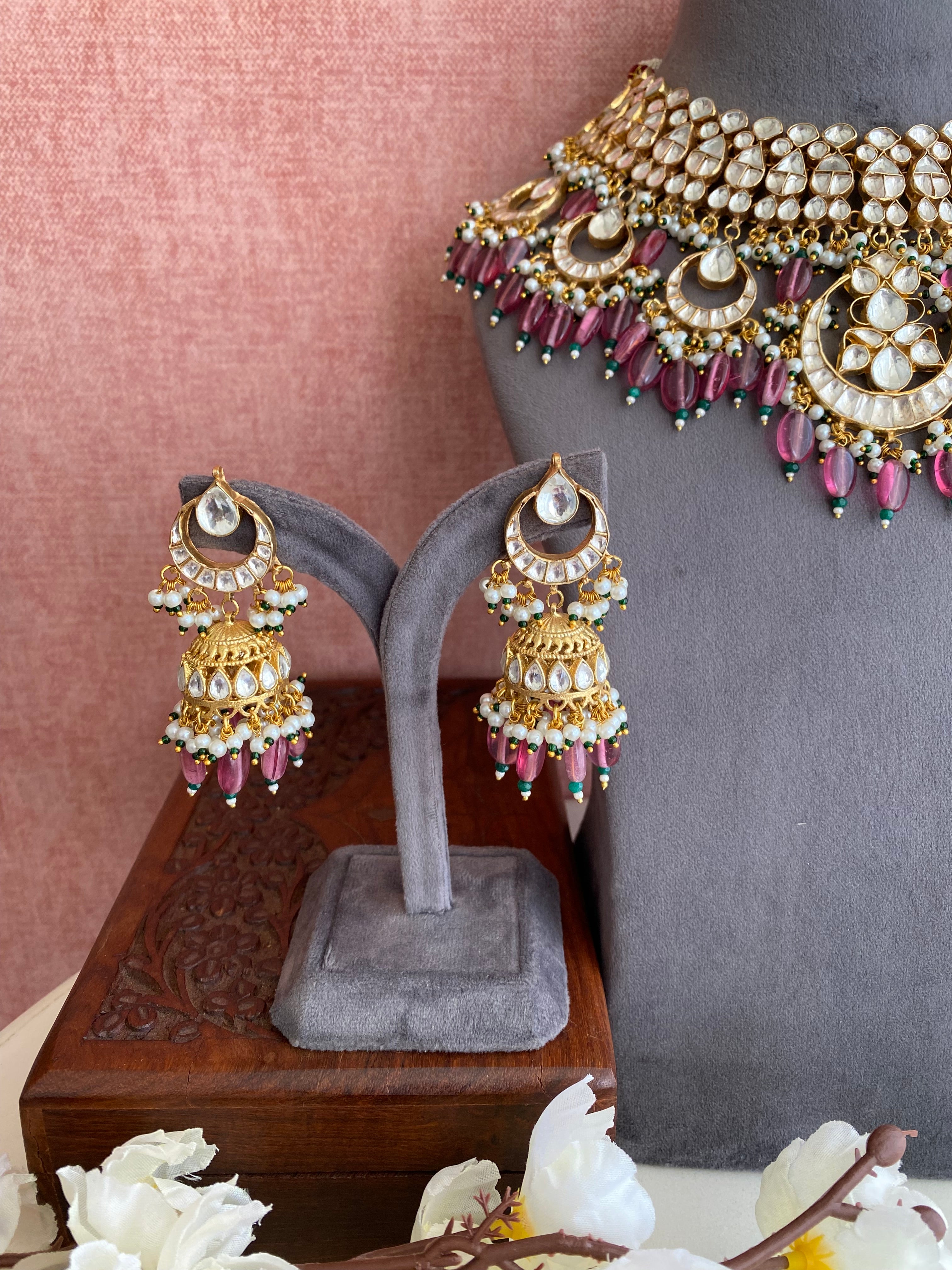 Kundan Bridal Necklace set in Pink Drops